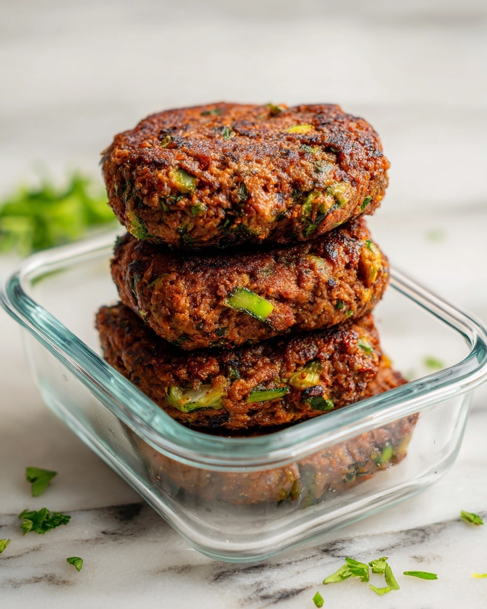 The image shows three cooked patties stacked inside a clear glass rectangular container. Each patty is brown with green bits of herbs or vegetables visible throughout, giving a slightly rough texture. The patties look thick and juicy, with a crispy outer surface. The container is placed on a white marbled surface with a few sprigs of green herbs scattered nearby. The overall look is simple and fresh. photo taken with an iphone --ar 4:5 --v 7