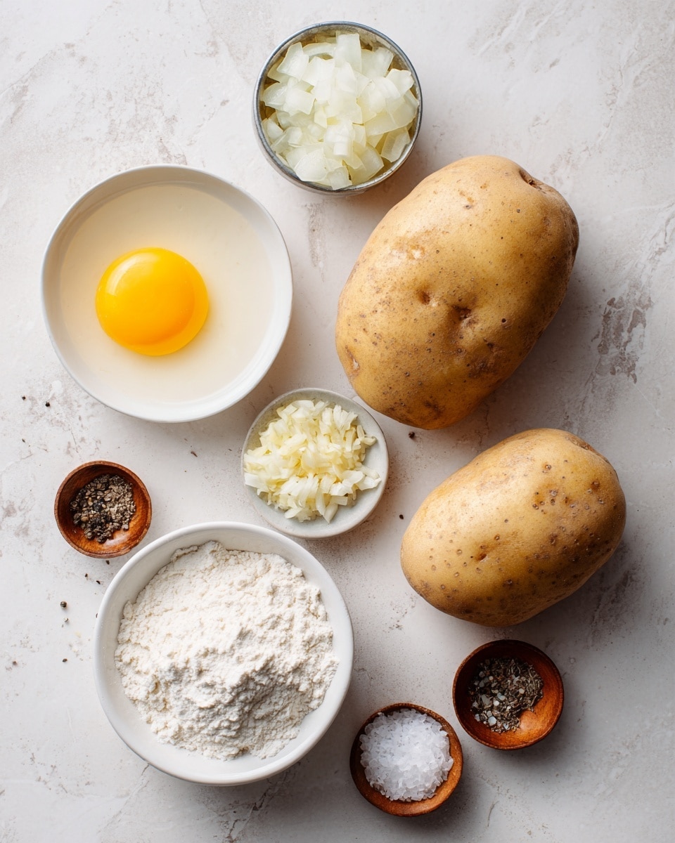 Two whole light brown potatoes with rough skin sit on a white marbled surface. Near them are several small dishes: one white bowl contains a raw egg with a bright yellow yolk in clear egg white, a silver dish holds finely chopped white onions, a small white bowl has pale yellow powder, another dish contains white flour, and two small wooden bowls display coarse black pepper and white salt. The items are spread out with space around them. Photo taken with an iphone --ar 4:5 --v 7