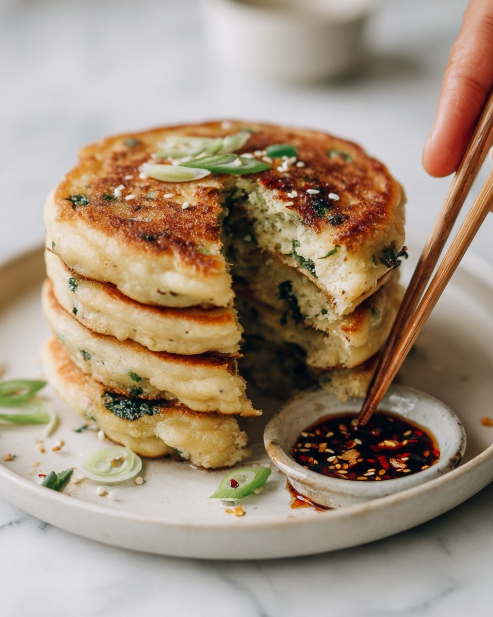 A stack of four golden brown pancakes with visible bits of green herbs inside, placed on a white plate. The top pancake has a small round bite taken out, showing a soft, light inside. The pancakes have a slightly crispy texture on the outside. Around the stack on the plate are scattered pieces of green onion and white sesame seeds. On the side, a pair of chopsticks held by a woman's hand is dipping into a small pool of dark sauce with red chili flakes and sesame seeds. The background and surface have a white marbled texture. photo taken with an iphone --ar 4:5 --v 7