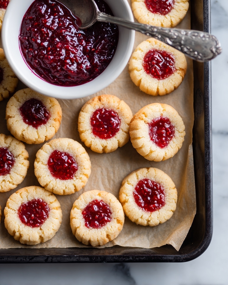A close-up of a black baking tray lined with light brown parchment paper holding a grid of 12 round shortbread cookies, each with a small dollop of bright red, chunky raspberry jam in the center. Above the tray is a white bowl filled with the same jam, with a silver spoon resting inside. The background is a white marbled surface. photo taken with an iphone --ar 4:5 --v 7