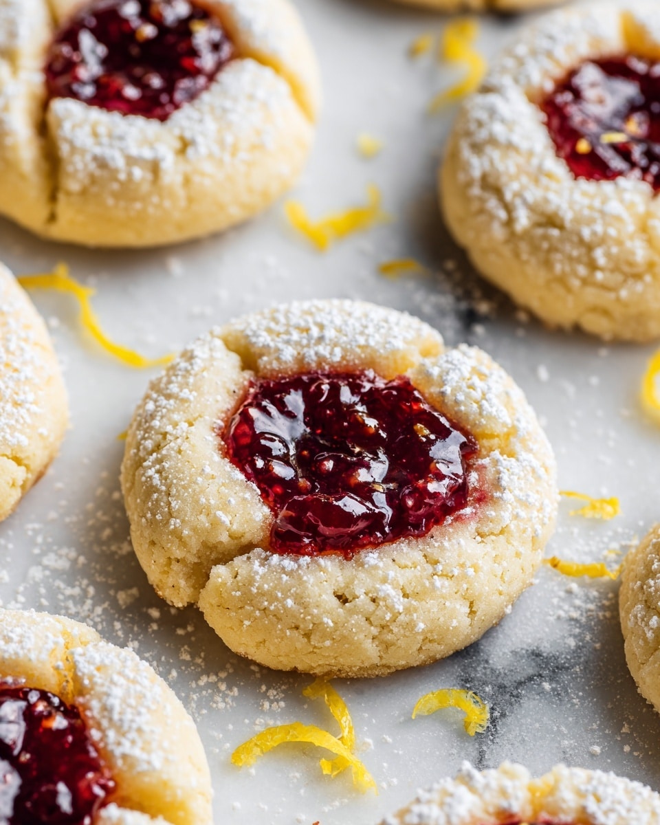The image shows several round thumbprint cookies with a light golden color and a crumbly texture. Each cookie has a deep red jam filling in the center, shiny and slightly thick, with uneven edges where the dough folds around it. The cookies are dusted with a fine white powdered sugar on top and around them, and some thin yellow lemon zest strips are scattered on the surface near the cookies. The background is a white marbled texture. photo taken with an iphone --ar 4:5 --v 7