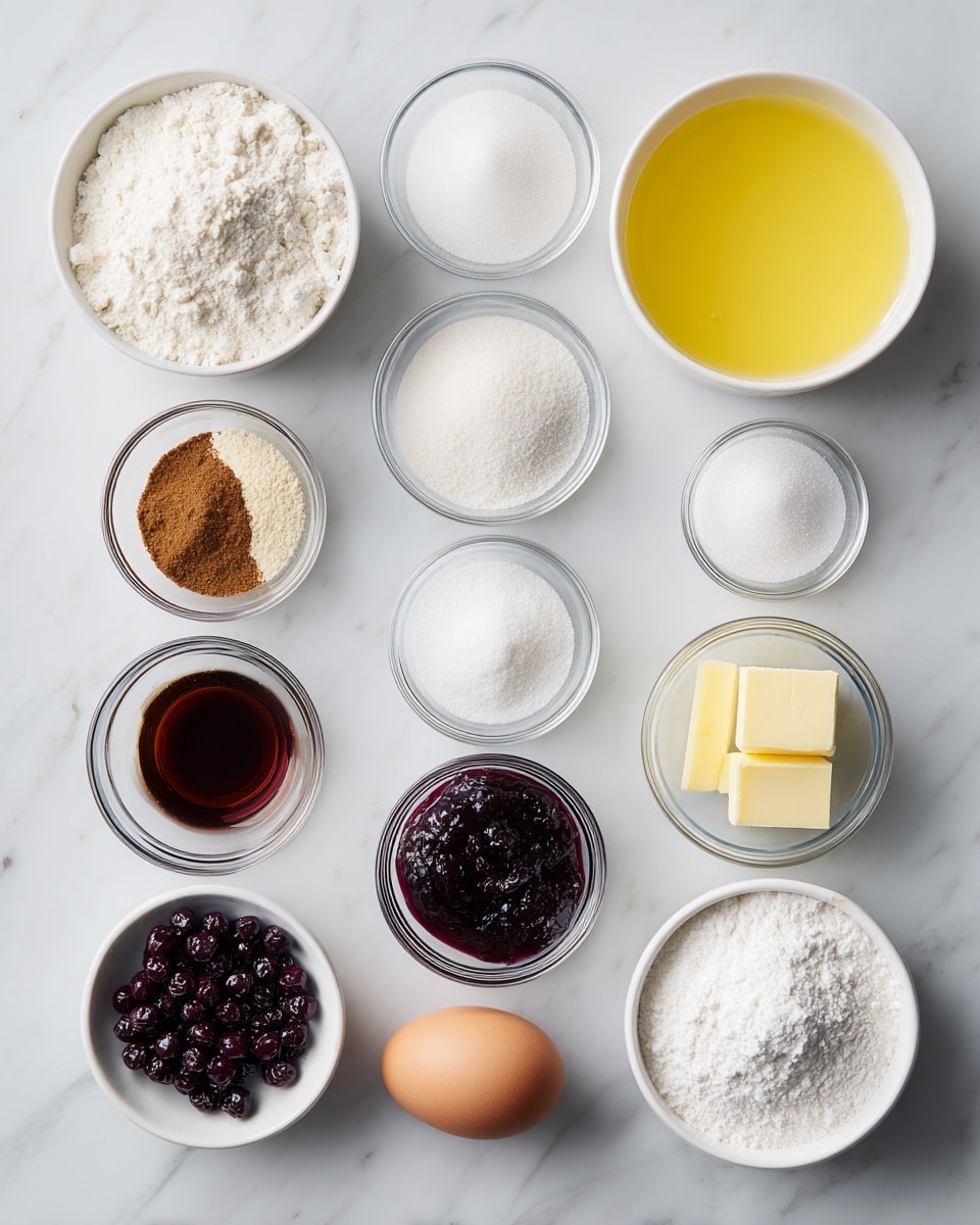 A top-down view of twelve small containers placed on a white marbled surface, showing various baking ingredients. There are three large white bowls filled with dry powders: one with white flour at the top left, one with white powdered sugar at the bottom right, and one with white granulated sugar in the middle row center. A large white bowl filled with a yellow liquid is at the top right. Clear glass bowls contain a variety of items: cinnamon powder in the middle left, vanilla extract in the middle center, cornstarch powder in the middle right, a dark purple fruit jam bottom right of center, a small cube of light yellow butter bottom left, and a couple of white granules likely salt bottom center. A small white bowl at the bottom left contains frozen dark purple berries. A single brown egg is placed near the bottom center. All containers are spaced evenly and neatly arranged in a grid-like pattern. Photo taken with an iphone --ar 4:5 --v 7