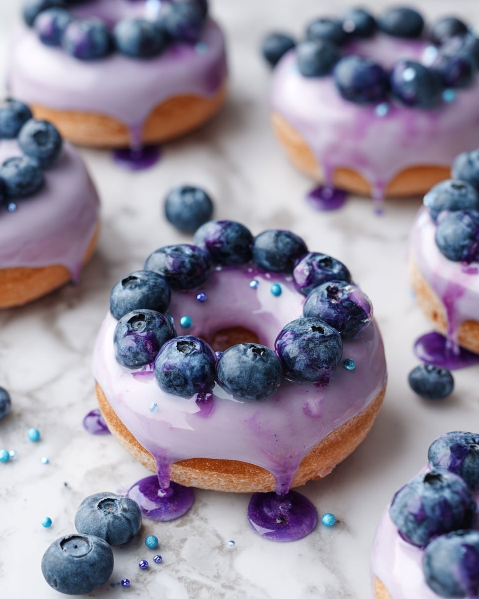 The image shows several light brown donuts with a smooth, glossy light purple glaze on top. Each donut has a ring of fresh blueberries placed around the hole, some blueberries have a shiny texture with a bit of purple juice dripping down onto the glaze. There are small blue edible beads scattered on the glaze near the blueberries. The background features a white marbled surface with a few loose blueberries around the donuts. Photo taken with an iphone --ar 4:5 --v 7