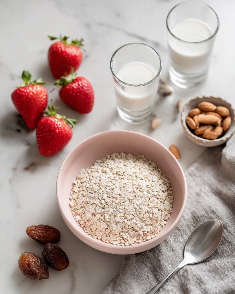 A pink bowl filled with white, small grain-like oats is placed on a white marbled surface. To the top left of the bowl, there are five fresh, red strawberries with green tops. Above the bowl, two clear glasses are visible; one contains white milk and the other is filled with clear water. To the right of the glasses, there are a few dried brown fig pieces and a small pile of whole almonds neatly arranged. A silver spoon lies on the bottom right of the scene, and a grey cloth is spread under the strawberries and milk glass on the left side. Photo taken with an iphone --ar 4:5 --v 7