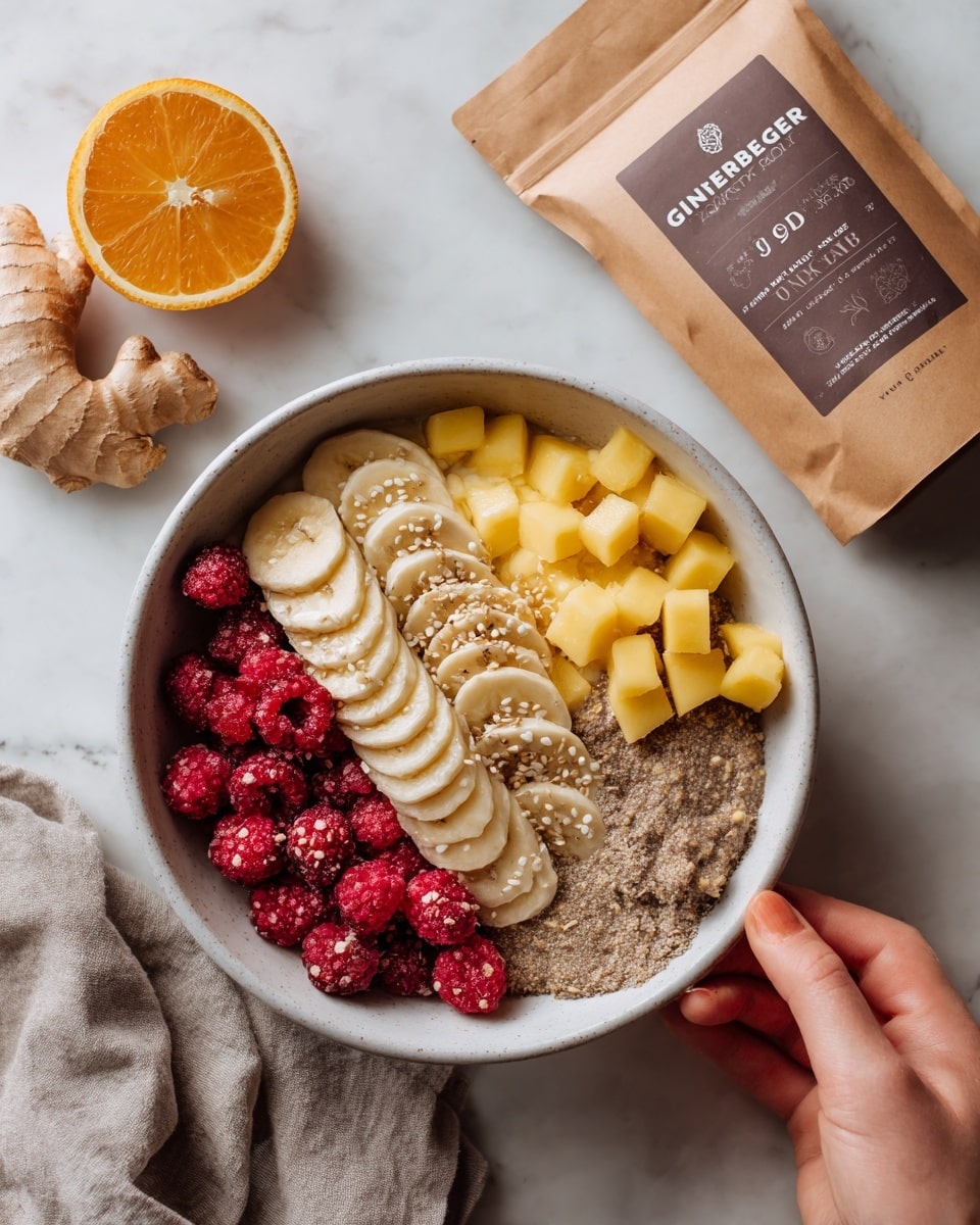 The image shows a white bowl on a white marbled surface. Inside, there is a colorful layered breakfast bowl with four separate sections. One section has thinly sliced bananas with a light yellow color, sprinkled lightly with seeds. Next to it is a section of bright red raspberries. Another section has small cubes of yellow mango. The last section contains a thick oatmeal mixture with a brownish-gray color, sprinkled with a dusting of seeds or nuts. A woman's hand is reaching towards the bowl from the bottom right corner. Nearby are an orange and a brown packet labeled