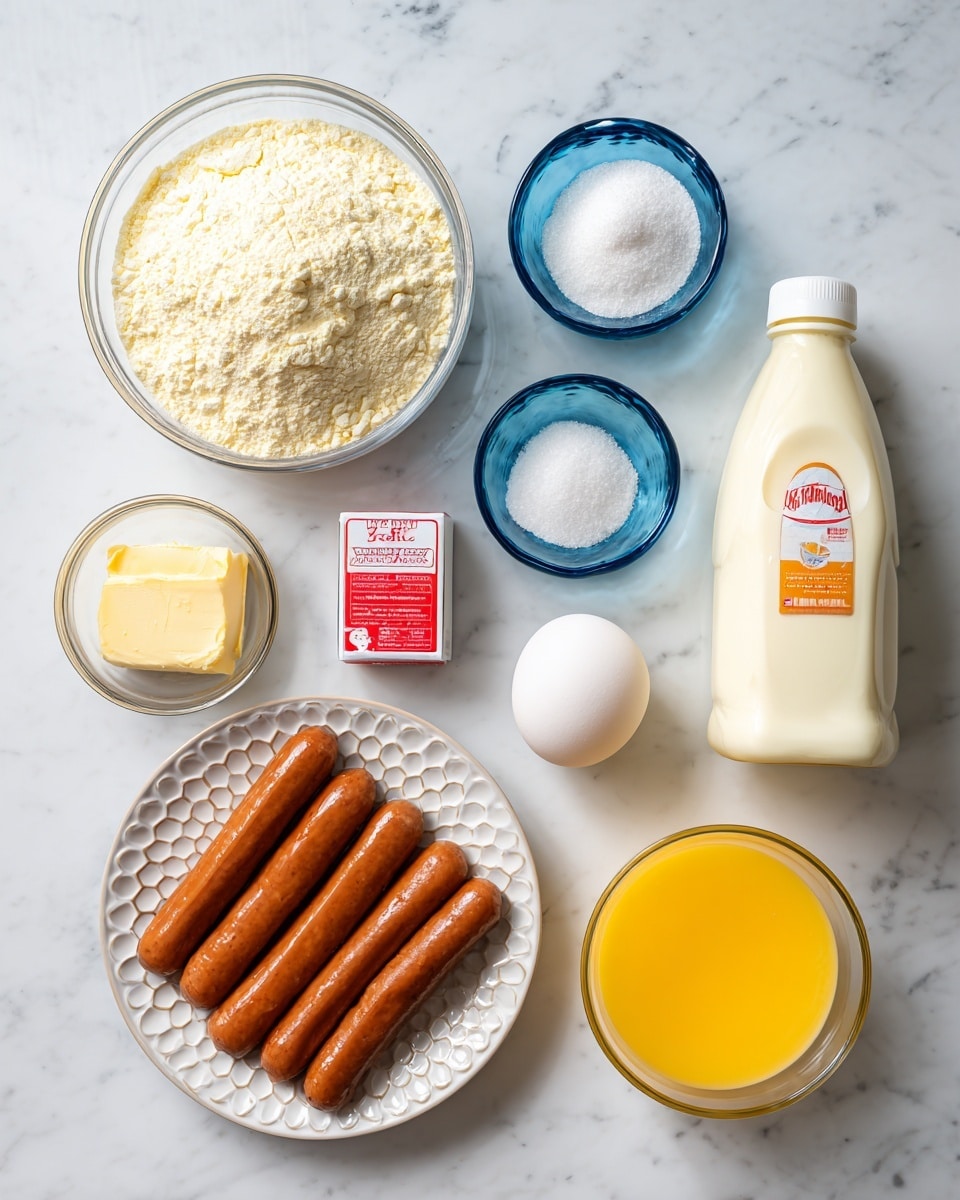 The image shows several cooking ingredients arranged on a white marbled surface. There is a clear glass bowl filled with a pale yellow powder, likely flour, placed to the left side. To the right of the bowl, there are three small blue glass bowls containing white granulated sugar, white salt, and a white powder that looks like baking powder. Below these, a white egg and a small rectangular red and white vanilla extract box are placed. A yellow and white bottle of buttermilk stands on the right side. At the bottom left, a white plate with a honeycomb pattern holds eight browned sausages arranged side by side. Near the plate, a glass filled with bright yellow melted butter is visible. The composition is neat and the colors are soft and natural. Photo taken with an iphone --ar 4:5 --v 7