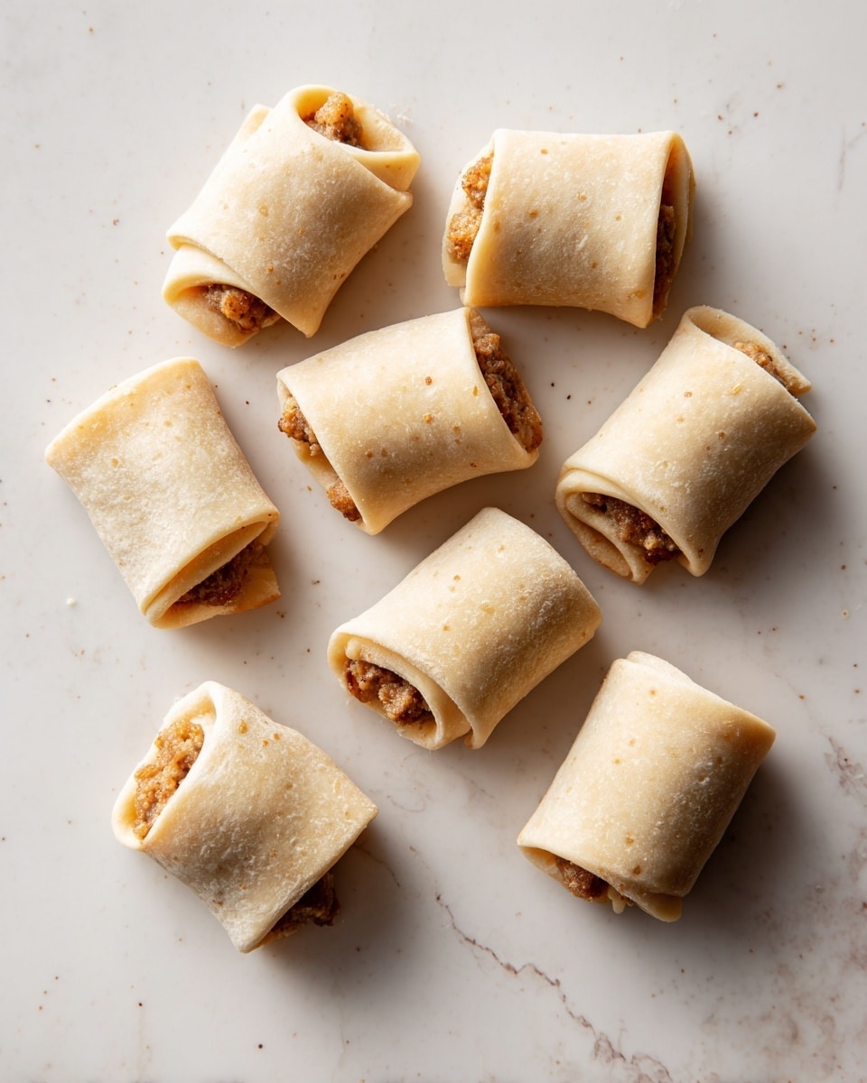 The image shows nine small, raw sausage rolls arranged on a white marbled surface. Each piece has a light beige dough wrapped loosely around a visible light brown filling, with some filling slightly poking out at the ends. The dough is smooth with some small darker spots, indicating bits of seeds or grains, giving a slight texture to the outer layer. The sausage rolls are placed randomly but close to each other, creating a casual, homemade feel. The lighting is soft and natural, highlighting the different textures of the dough and filling. photo taken with an iphone --ar 4:5 --v 7