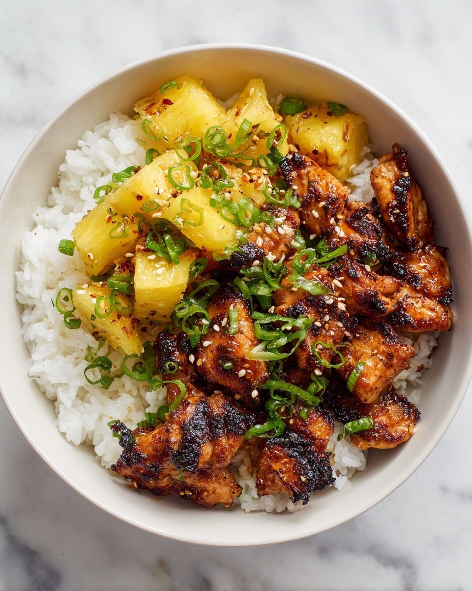 A white bowl on a white marbled surface holds three visible layers: the bottom layer is fluffy white rice, the middle layer consists of golden-brown grilled chicken pieces with some charred edges, and the top layer has bright yellow pineapple chunks. The chicken is sprinkled with finely chopped green onions, adding a fresh green contrast, and some sesame seeds are lightly scattered over the chicken. The bowl is full and arranged to show each ingredient clearly in an inviting way. Photo taken with an iphone --ar 4:5 --v 7