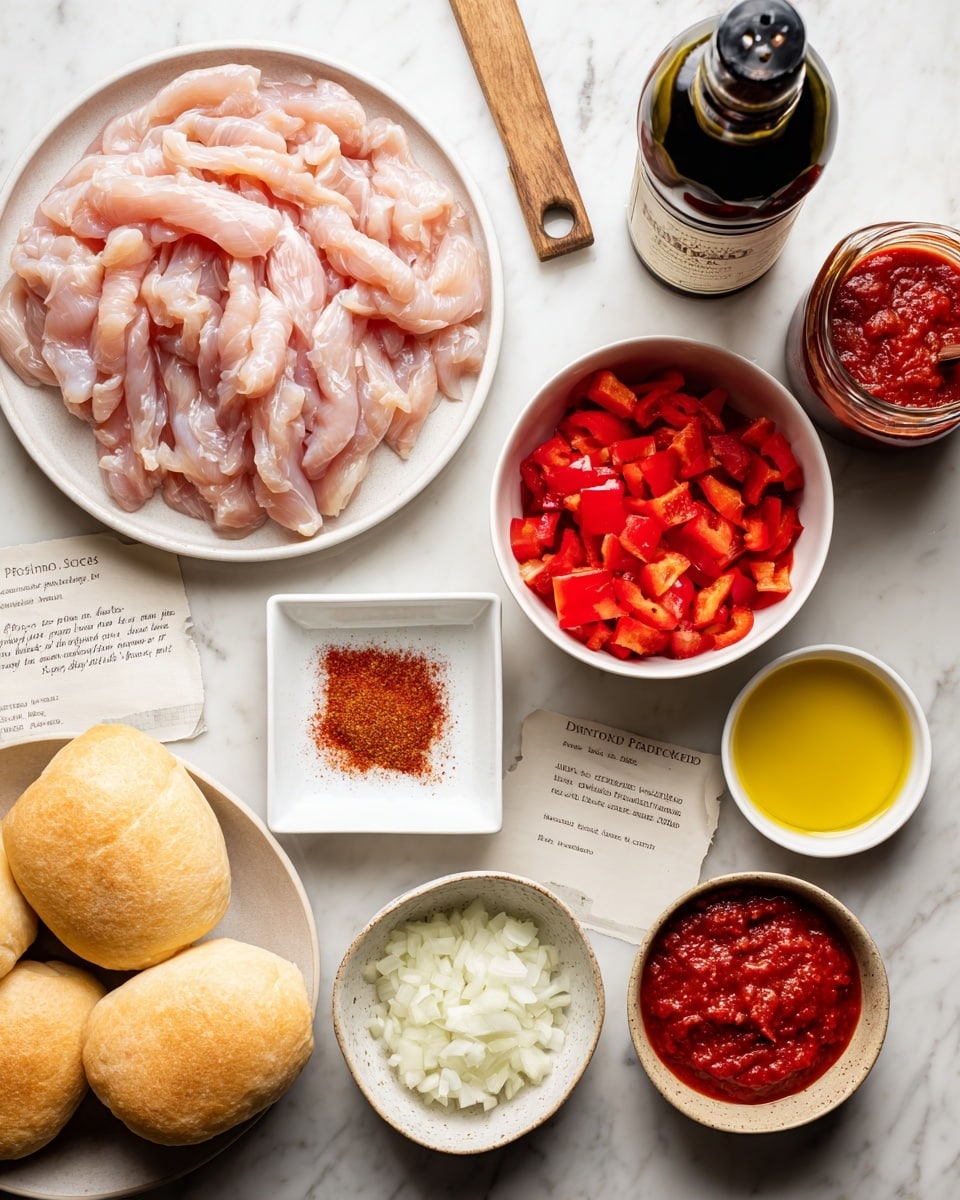 On a white marbled surface, there is a white plate filled with many thin, raw pink chicken strips on the left side, below it a white bowl with bright red diced bell peppers, and a small square white dish holding a wooden spoon with reddish-brown smoked paprika powder just above. Next, a white bowl with finely chopped white onions sits near the center. On the right side, there is a jar with red tomato paste and a small white bowl with light golden oil. Above these, a white bowl filled with thick bright red tomato sauce holds one white and one yellow onion on top. Nearby, a tall dark bottle and three smooth white sandwich buns line the corner. A small note with handwritten words