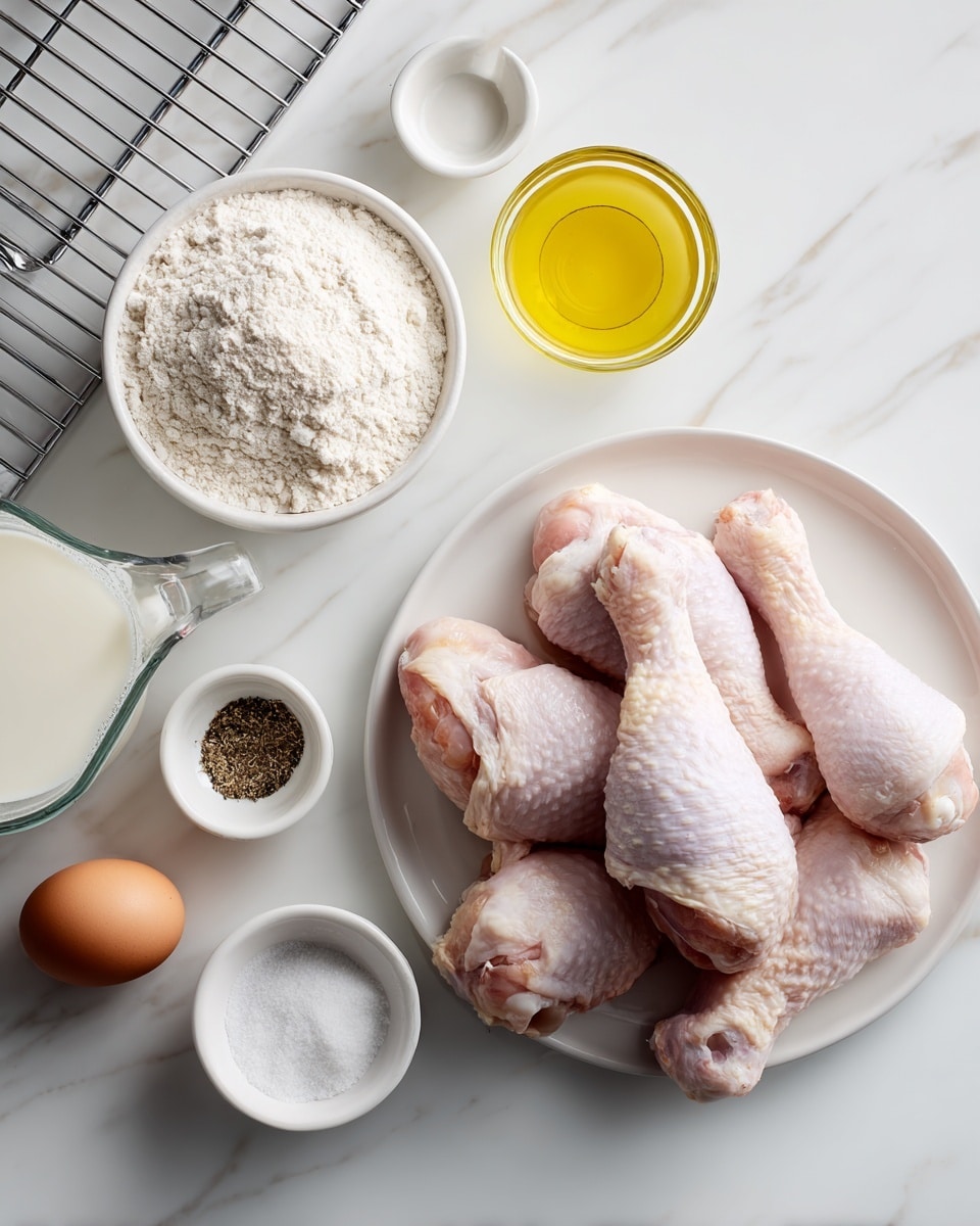 The image shows raw chicken drumsticks and thighs stacked on a white plate on the right side, with pale pink skin and a slightly bumpy texture. To the left, there is a white bowl filled with white flour, two brown eggs placed close together, a clear measuring cup with yellow oil, a small white bowl with coarse salt, another small white bowl with cracked black pepper, and a glass measuring cup with white milk. In the top left corner, part of a shiny metal baking tray with a wire rack is visible. All items are placed on a white marbled surface. Photo taken with an iphone --ar 4:5 --v 7