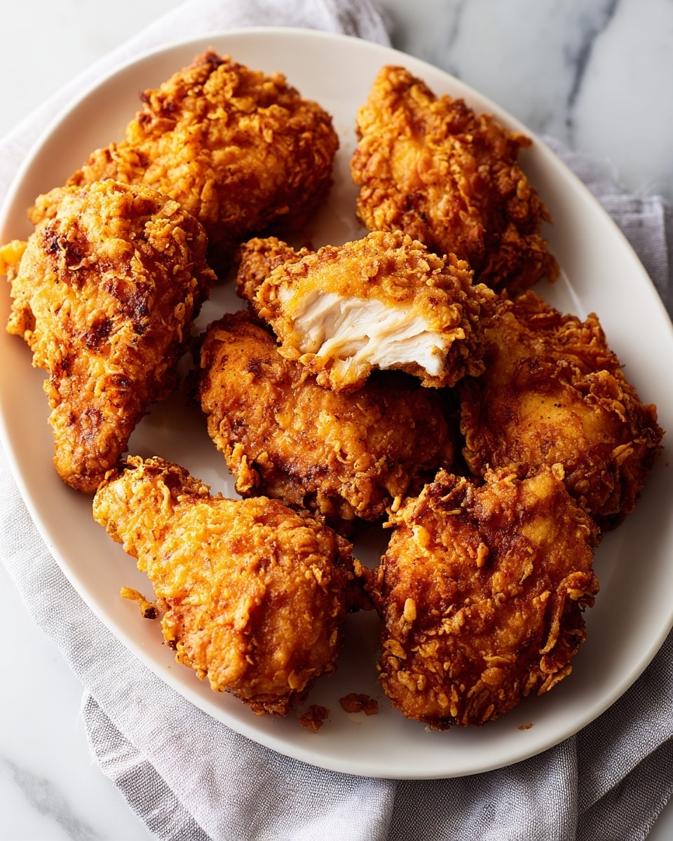 A white oval plate holds seven pieces of crispy fried chicken with a crunchy, golden-brown coating. One piece in the center is shown with a bite taken out, revealing white, tender chicken inside. The chicken pieces have a rough, textured surface with some darker golden spots. The plate is placed on a light gray cloth, on top of a white marbled surface. Soft natural light highlights the crunchy texture and juicy inside of the chicken photo taken with an iphone --ar 4:5 --v 7