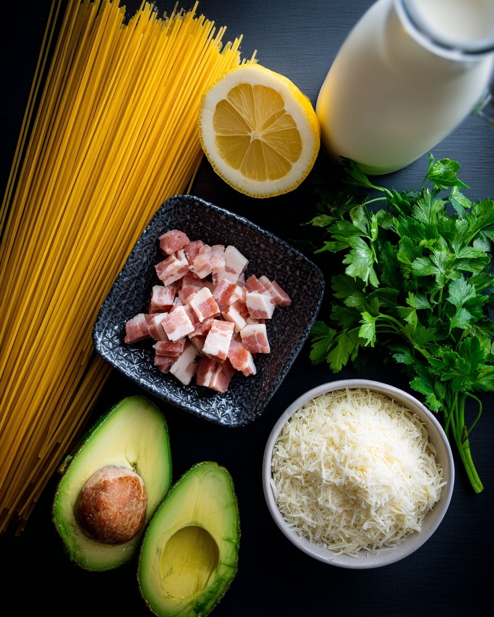The image shows ingredients on a dark surface for a meal, arranged neatly. There is a bundle of uncooked long thin pasta on the left, a halved lemon above a small textured dark dish filled with pink and white pieces of bacon or pancetta in the center. To the right of the lemon, there are green leafy parsley sprigs. Below, a white bottle with a blurred cap, and halved avocado showing bright green flesh and dark brown seed are placed. A small white bowl filled with finely grated cheese is shown near the bottom right. The scene is clear and well lit, highlighting fresh ingredients photo taken with an iphone --ar 4:5 --v 7