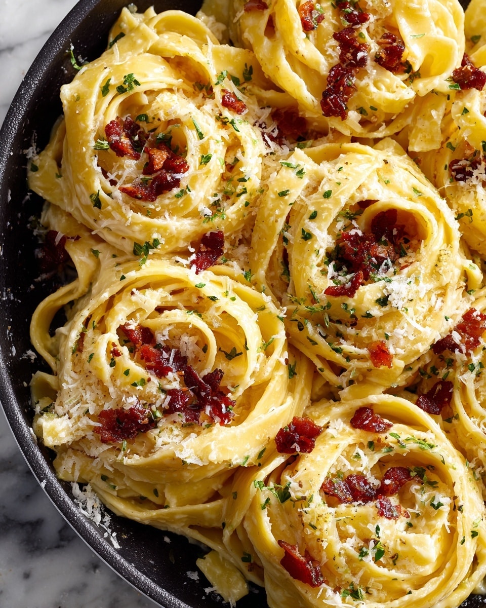 The image shows a close-up of creamy fettuccine pasta curled into several thick, yellow nests in a black pan. Each nest is covered in a smooth, light beige sauce with a slightly glossy texture. Scattered throughout the pasta are small, dark red-brown pieces of crispy bits, and finely chopped green herbs sprinkled evenly on top. There is a light dusting of white grated cheese spread across the pasta nests, adding slight texture contrast. The background is a white marbled surface. Photo taken with an iphone --ar 4:5 --v 7