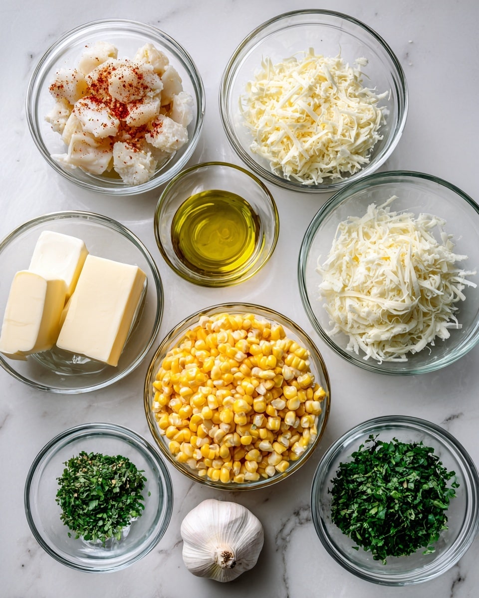 The image shows eight clear glass bowls and one whole garlic bulb on a white marbled surface. The bowls contain different ingredients: the top left bowl holds pale pieces of chicken sprinkled with red spice, the middle top small bowl has golden olive oil, the top right bowl is filled with white shredded cheese, the middle left small bowl contains finely chopped white onion, the center large bowl is full of bright yellow corn kernels, the middle right small bowl has finely chopped green herbs, the bottom left bowl holds two solid blocks of butter, and the bottom right large bowl contains a large amount of chopped green herbs. The garlic bulb is placed below the butter. The arrangement is neat and evenly spaced. Photo taken with an iphone --ar 4:5 --v 7