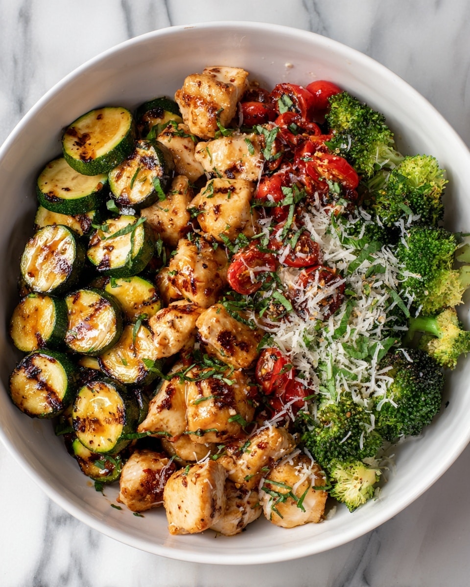 A white bowl filled with layers of colorful food placed on a white marbled surface; the bottom layer consists of sliced green zucchini rounds with a grilled texture, followed by bright green broccoli florets scattered on top. On the next layer, small grilled pieces of chicken with a golden-brown and slightly charred surface are spread evenly. Vibrant red and yellow cherry tomatoes are scattered around the chicken. The dish is finished with grated white cheese and chopped green herbs sprinkled over everything. photo taken with an iphone --ar 4:5 --v 7
