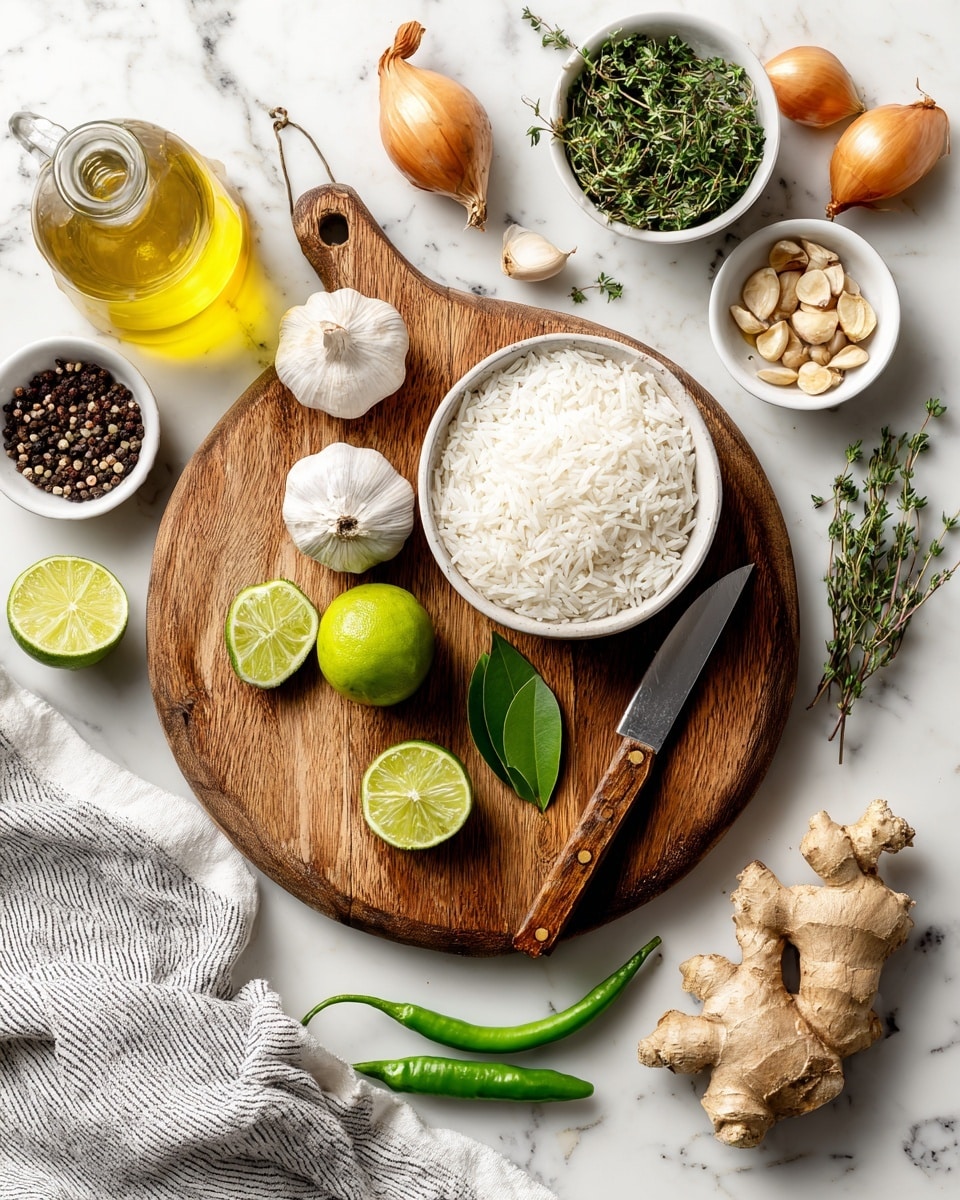 A round wooden cutting board sits on a white marbled surface with two heads of garlic, three lime pieces (one half lime with three wedges), and four green bay leaves spread across it; a knife with a wooden handle lies diagonally on the board. To the right of the board are two green chili peppers and a piece of ginger root with a rough beige skin. Above the cutting board is a white bowl filled with white rice. Surrounding the bowl are three small white bowls — one with whole black peppercorns, one with round light brown nuts, and one with chopped garlic. To the upper right is a white bowl filled with fresh green thyme sprigs. Two whole yellow onions and two dried bay leaves are to the upper left of the rice bowl, next to a bottle of clear light yellow oil with a stopper. A wooden spoon with a straight handle lies diagonally near the top right side, and a gray and white striped cloth is partially visible on the left edge of the image. photo taken with an iphone --ar 4:5 --v 7