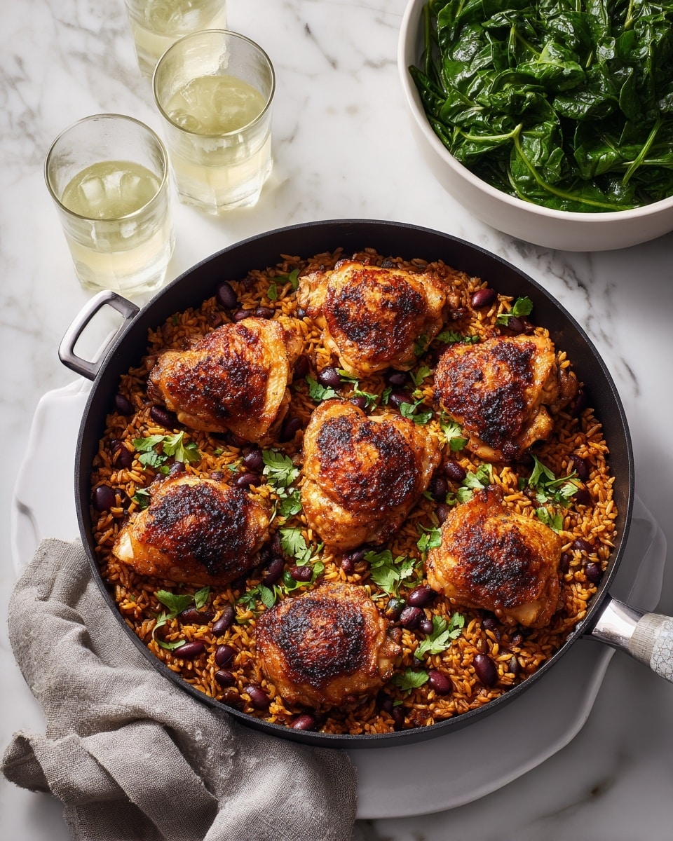 A black pan filled with a base layer of orange-brown rice mixed with dark red beans, spread evenly across the pan. On top, there are seven golden-brown, crispy chicken pieces arranged in a slightly curved pattern, each piece having a dark charred texture on the skin. Scattered green herbs add a fresh touch over the rice and chicken. The pan is placed on a white marbled surface, next to a white bowl filled with green leafy spinach and two clear glasses with water and a light yellow drink. A gray cloth is partially tucked under the pan’s edge. Photo taken with an iphone --ar 4:5 --v 7