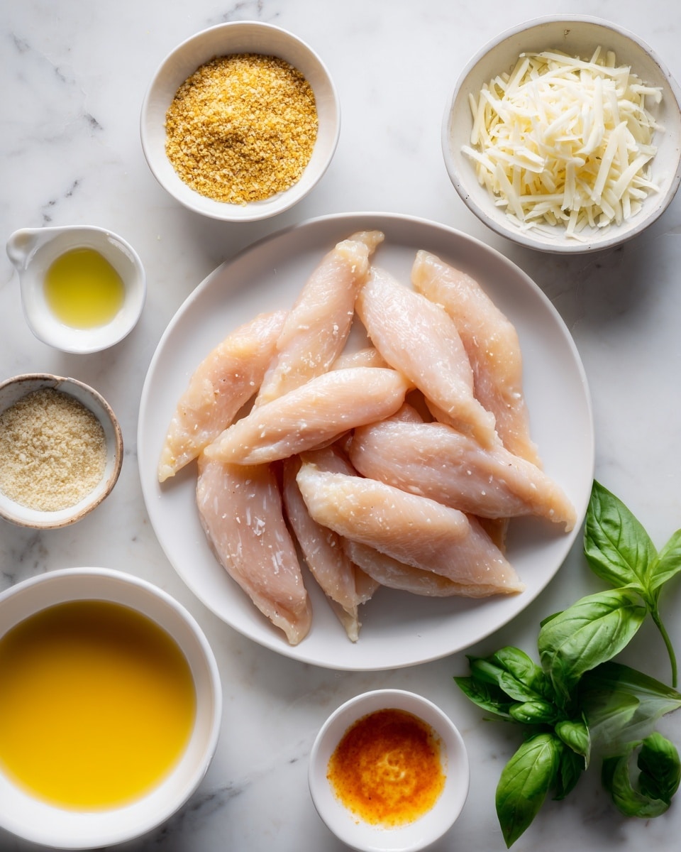 The image shows a white plate with several raw, pale pink chicken strips neatly arranged on it. Around the plate are small white bowls containing different ingredients: one with shredded white cheese, one with a small amount of creamy white sauce, another with golden brown seasoned breadcrumbs, and one more with a bright orange sauce. In the bottom left corner, there is a white bowl filled with a beaten yellow egg mixture. Fresh green basil leaves rest on the white marbled surface nearby. The light is soft and natural, enhancing the fresh and clean look of the ingredients, photo taken with an iphone --ar 4:5 --v 7