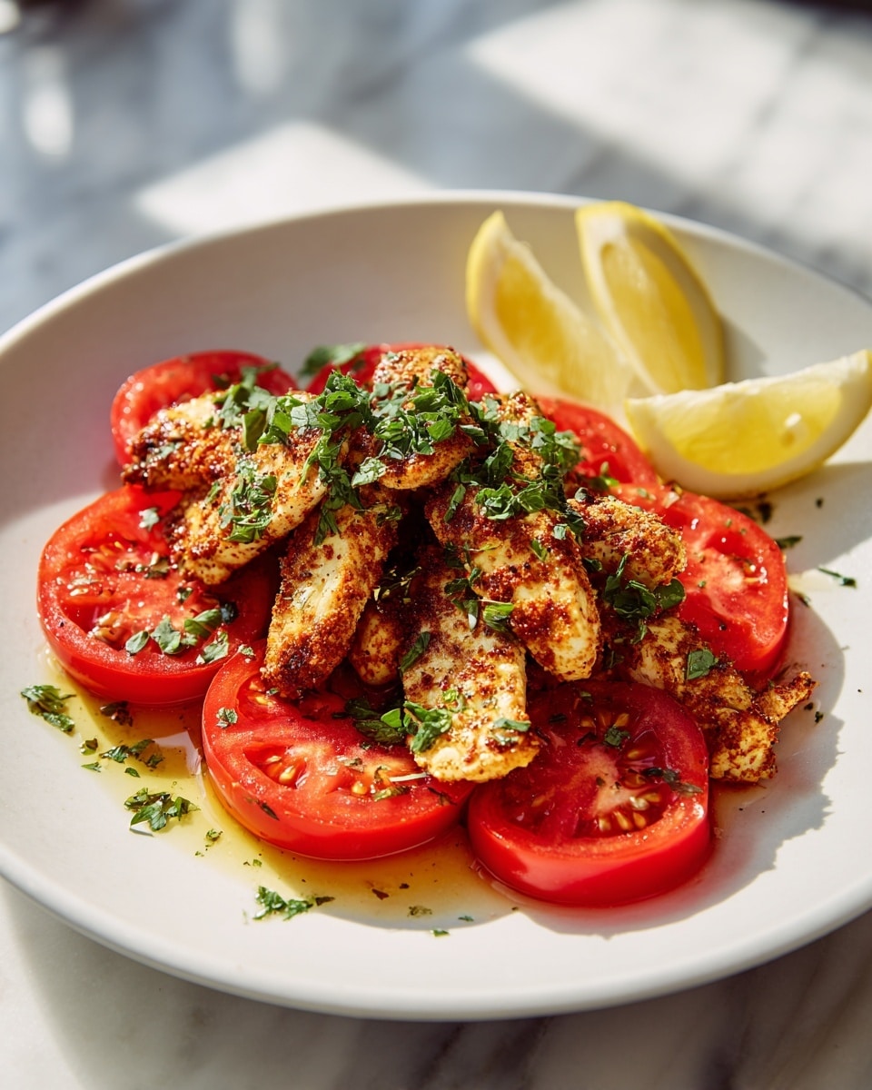 The dish shows a white plate filled with four long grilled chicken strips stacked on top of each other in the middle. The chicken has dark brown grill marks and is sprinkled with chopped green herbs. Underneath the chicken is a layer of bright red tomato halves with fresh green herbs and a shiny yellow oil sauce pooling around them. Two yellow lemon wedges sit on the side of the plate. The plate is placed on a white marbled surface. Photo taken with an iphone --ar 4:5 --v 7