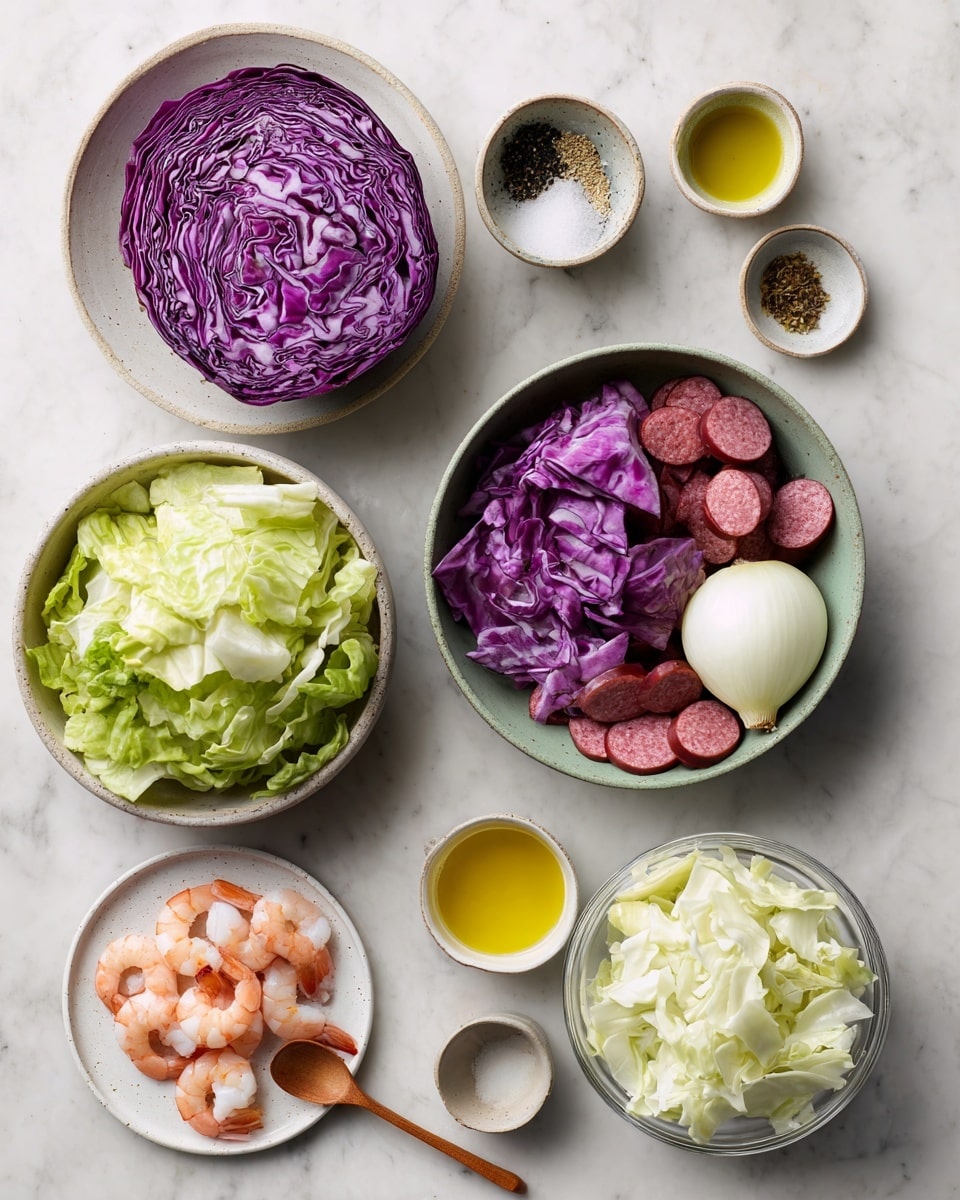 The image shows several bowls and a plate on a white marbled surface, each holding different ingredients. There is one bowl with a large, whole half of purple cabbage at the top left, and below it is another bowl filled with a large amount of green cabbage leaves. At the top middle, a small bowl contains a mix of black and white pepper. Next to it on the right is a whole white onion and a bowl with a small amount of yellow oil. Toward the upper right is a larger bowl filled with sliced red sausage rounds. Below that is a clear glass bowl filled with chopped white cabbage, and to the left of it is a small bowl with more yellow oil and a tiny bowl with some dried spice. At the bottom left, on a white plate, there is a small pile of peeled shrimp next to a wooden spoon. The colors are mainly green, red, white, and pink, with a natural texture on all the ingredients. photo taken with an iphone --ar 4:5 --v 7
