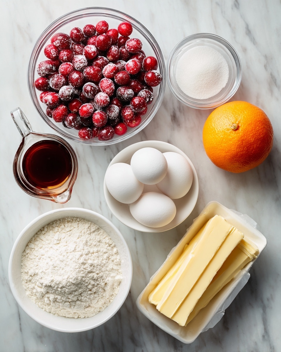 A top-down view of baking ingredients arranged on a white marbled surface, featuring a clear glass bowl filled with bright red cranberries slightly frosted, a white bowl with three white eggs, a white bowl with white flour, a clear measuring cup filled with white sugar, a small glass container of dark brown vanilla extract, an orange placed whole, and two sticks of unsalted butter wrapped in their papers, all laid out neatly. photo taken with an iphone --ar 4:5 --v 7