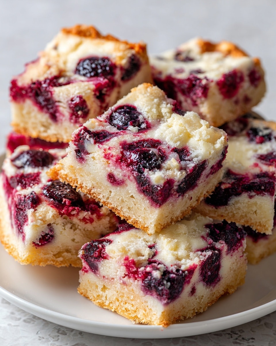 The image shows several square pieces of berry dessert bars arranged closely on a white plate. Each piece has two visible layers: a light golden crust at the bottom with a soft, crumbly texture, and a top layer filled with mixed berries in shades of red, purple, and dark blue, creating a speckled and slightly wet appearance. The berries are well-distributed throughout the top layer, which is creamy off-white with a slightly uneven surface. The background is a white marbled texture, softly blurred to keep the focus on the dessert bars. photo taken with an iphone --ar 4:5 --v 7