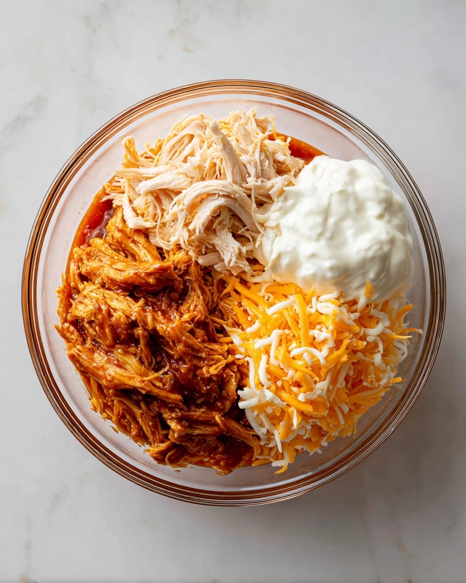 A clear glass bowl sits on a white marbled surface with four separate layers of ingredients inside. At the bottom is a thick layer of reddish-brown sauce. On the left side above the sauce is a pile of shredded light beige cooked chicken. To the right of the chicken is a mound of white sour cream. Next to the sour cream, on the far right, is a small pile of shredded orange and white cheese. The ingredients are separate and not mixed together. Photo taken with an iphone --ar 4:5 --v 7