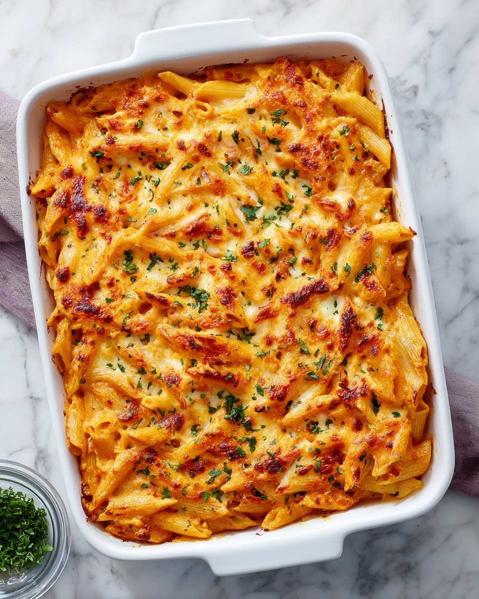 The image shows a white rectangular baking dish filled with baked penne pasta. The dish has about two main layers: the bottom layer is creamy orange pasta mixed with sauce, while the top layer is a bubbly, melted cheese golden brown with some orange sauce drizzled on top. Small green pieces of chopped herbs are scattered evenly over the baked pasta. The dish sits on a white marbled surface, with part of a small container of chopped green herbs visible at the bottom left corner. Photo taken with an iphone --ar 4:5 --v 7
