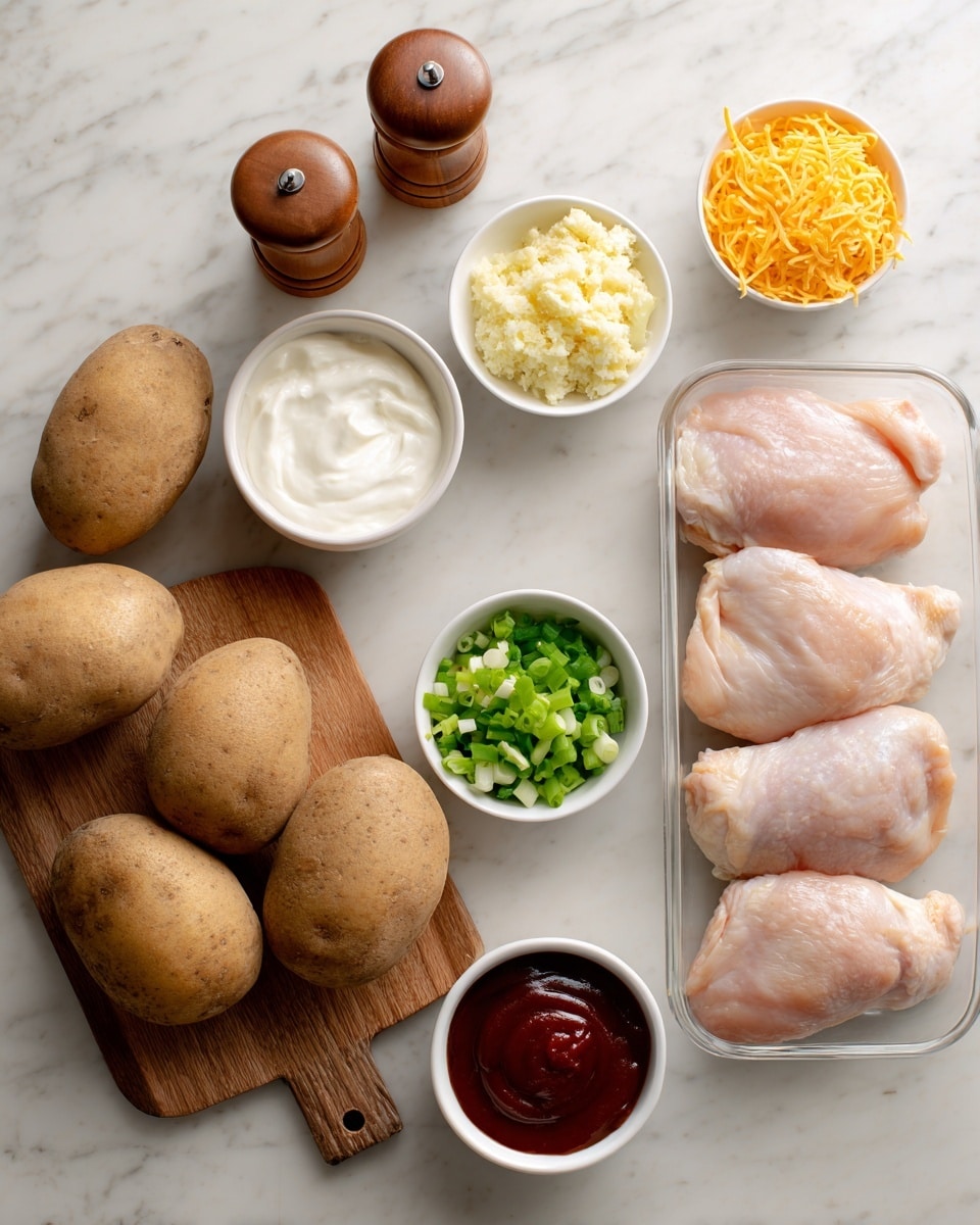 The image shows ingredients laid out on a white marbled surface: four large brown potatoes placed on a small wooden board with a handle in the center, a clear plastic tray with several raw light pink chicken breasts on the right, and five small white bowls arranged in a row at the top containing pale yellow minced garlic, smooth white sour cream, bright green chopped scallions, thick dark reddish-brown barbecue sauce, and bright orange shredded cheddar cheese. Two wooden salt and pepper shakers are positioned in the upper left corner near the garlic bowl. Photo taken with an iphone --ar 4:5 --v 7