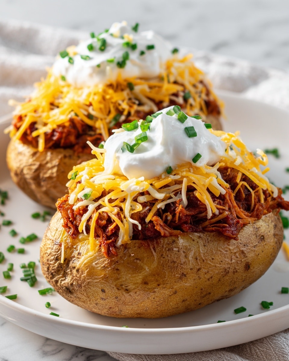 Two baked potatoes lay on a white plate with a white marbled background. Each potato has three visible layers: the bottom layer is the golden brown potato skin, the middle layer is a thick heap of shredded, reddish-orange cooked meat in sauce, and the top layer is a sprinkle of shredded yellow cheddar cheese. On the very top of each potato, there is a dollop of white sour cream with green chopped chives scattered over it and the plate. The lighting highlights the textures clearly. Photo taken with an iphone --ar 4:5 --v 7
