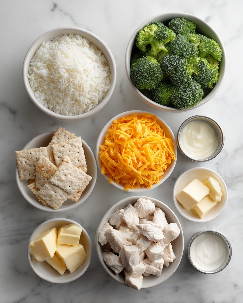 The image shows seven bowls and small containers placed on a white marbled surface. The bowls contain different ingredients: one bowl with white cooked rice with a soft texture, one bowl with bright green broccoli florets with fresh and rough texture, one bowl filled with bright orange shredded cheddar cheese with thin textures, one bowl holding chunked white cooked chicken pieces with smooth and firm textures, one bowl filled with broken light brown crackers with uneven rough edges, one small bowl with three pale yellow butter cubes smooth in texture, and two small containers with white creamy sauces that look soft and smooth. All the bowls are white except two small containers that are metallic. The composition is neat and top-down. Photo taken with an iphone --ar 4:5 --v 7