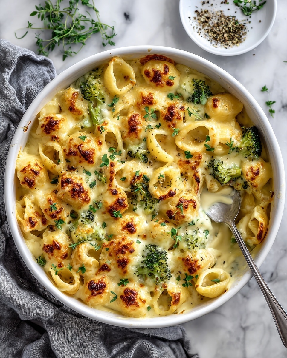 The dish is a creamy macaroni and cheese bake in a white round pan, filled with small pasta shells covered in melted yellow and white cheese with some toasted brown spots. Inside the creamy cheese sauce, there are pieces of green broccoli scattered around, adding color and texture. The top has fresh green herb sprigs placed evenly on the melted cheese. A silver spoon with some sauce and pasta rests in the dish near the bottom right. The pan sits on a white marbled surface with a gray cloth nearby and a small round white plate with herbs and pepper in the upper right corner. Photo taken with an iphone --ar 4:5 --v 7