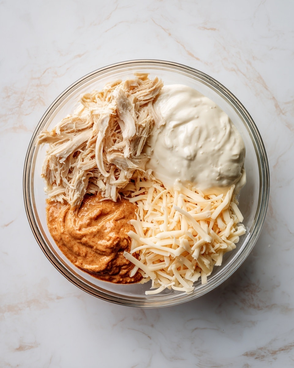 A clear glass bowl on a white marbled surface shows four separate ingredients arranged side by side without mixing. In the top left is shredded chicken with a light beige color and soft texture. Next to it, on the right, is a white creamy sauce with smooth and thick texture. On the bottom right, shredded cheese in a mix of light orange and pale cream colors sits loosely. The bottom left contains a reddish-brown sauce that looks smooth and thick. Photo taken with an iphone --ar 4:5 --v 7
