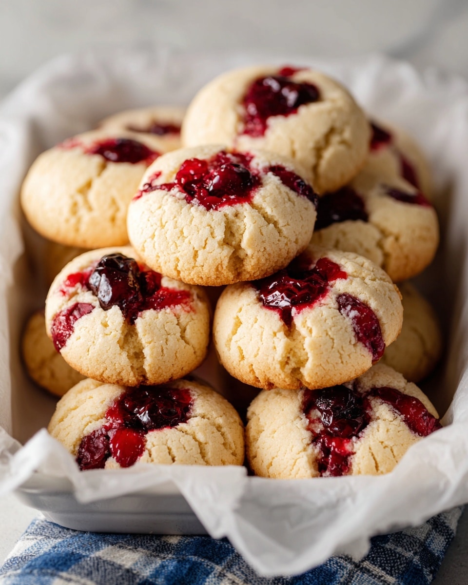 A pile of soft, round cookies with a light golden cream color, filled with bright red and dark red berry chunks that are spread unevenly across the surface of each cookie. The cookies have a slightly bumpy texture with small cracks and soft edges, stacked closely on top of each other inside a white rectangular tray lined with white parchment paper, all set on a white marbled surface with a blue and gray checkered cloth partially visible beneath. photo taken with an iphone --ar 4:5 --v 7