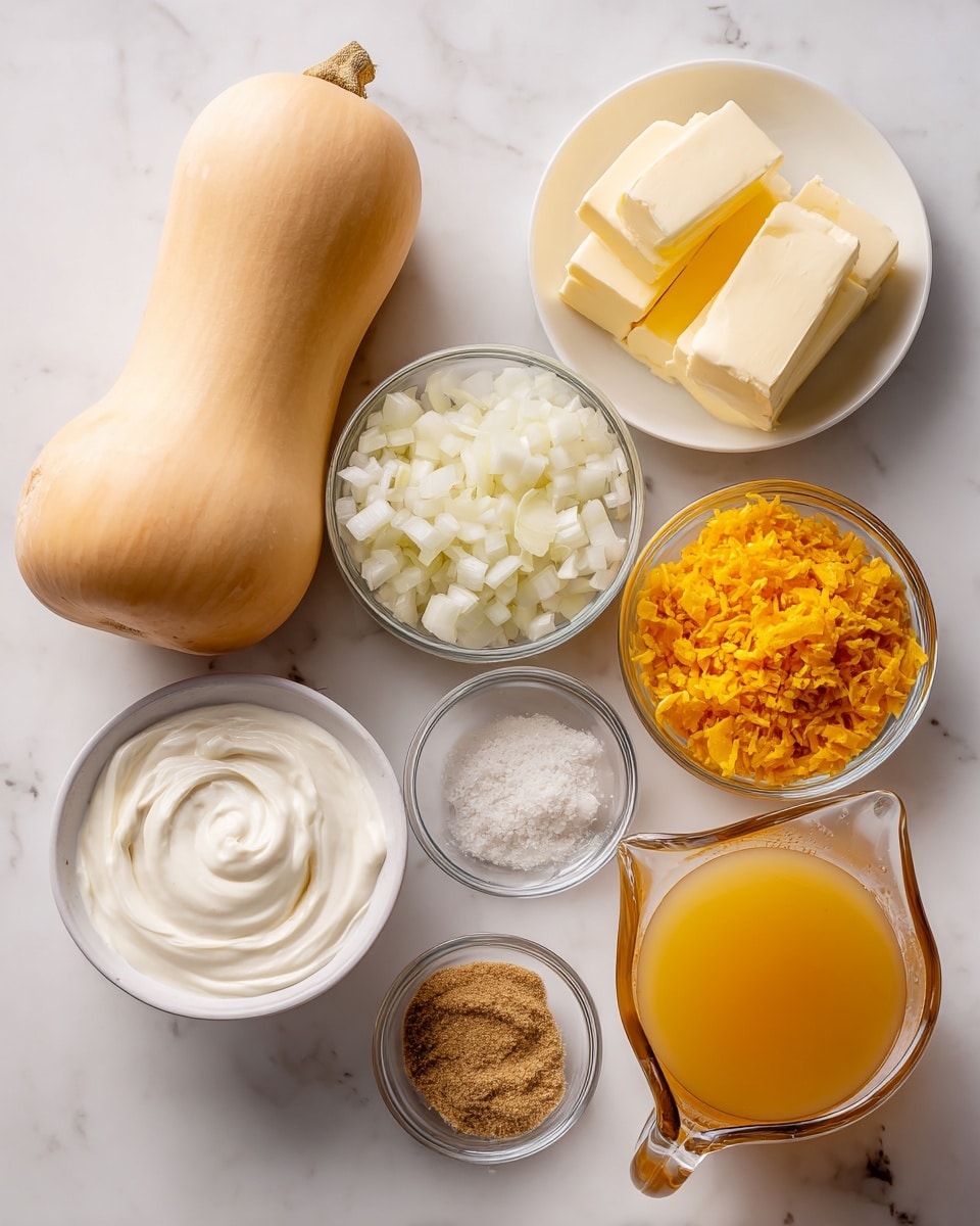 The image shows a whole butternut squash on the left side, smooth and matte with a beige-orange color. To its right is a small white bowl filled with thick sour cream that is creamy white and swirled smoothly. Below that is a clear glass bowl full of chopped white onions, showing their soft and fresh texture. Above and to the right of the onions are three thick pats of pale yellow butter stacked neatly inside a clear glass bowl. Next to the butter is a smaller clear bowl of bright yellow grated ginger. Below that is an even smaller clear dish filled with minced garlic, off-white and finely textured. To the right of the garlic is a tiny white bowl with light brown ground ginger powder. Next to that is a small white bowl with coarse salt crystals. On the far right is a large clear glass measuring cup filled up with golden yellow broth. All items rest on a white marbled surface, photo taken with an iphone --ar 4:5 --v 7