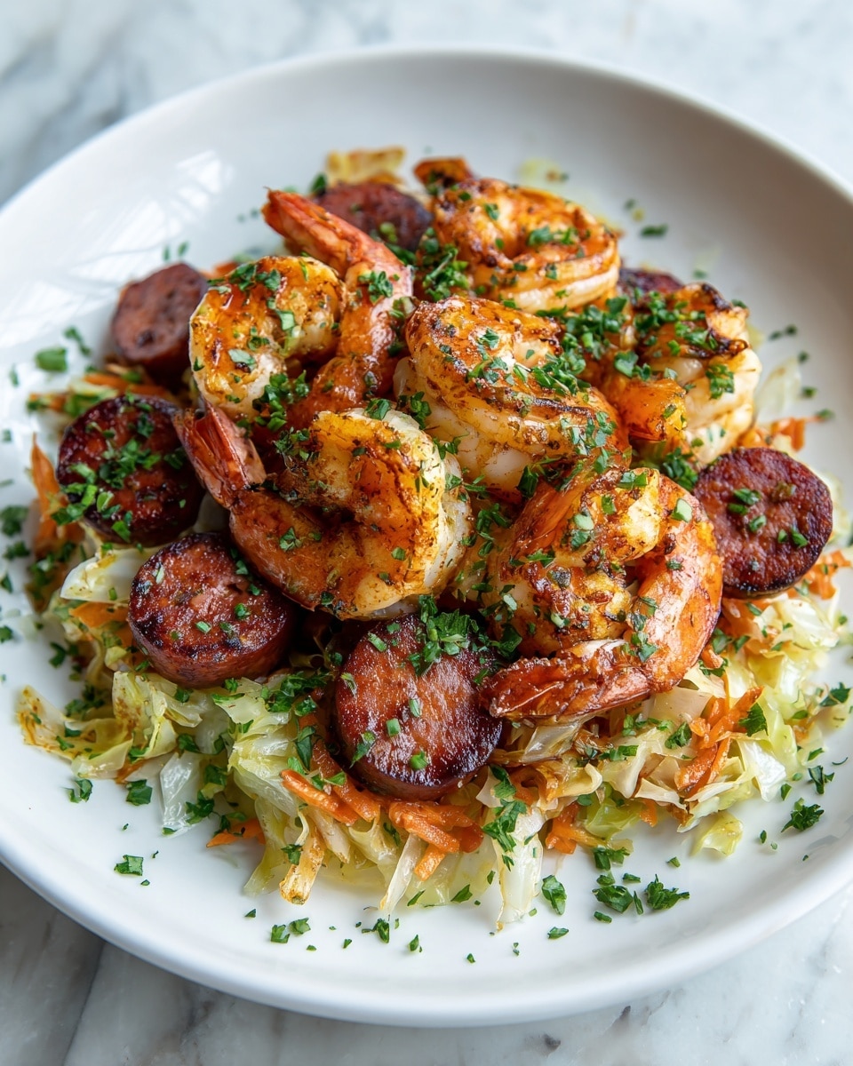 The dish shows a white plate filled with three main layers. The bottom layer consists of sautéed cabbage mixed with small pieces of orange carrot and light green celery, giving a soft and slightly glossy texture. On top of that, there are round, dark brown slices of cooked sausage spread evenly across the plate. The top layer is made of large, grilled shrimp with a bright orange and light pink color, showing charred marks and a slightly firm texture. The dish is sprinkled generously with bright green chopped herbs for a fresh look. The white plate sits on a white marbled surface. Photo taken with an iphone --ar 4:5 --v 7