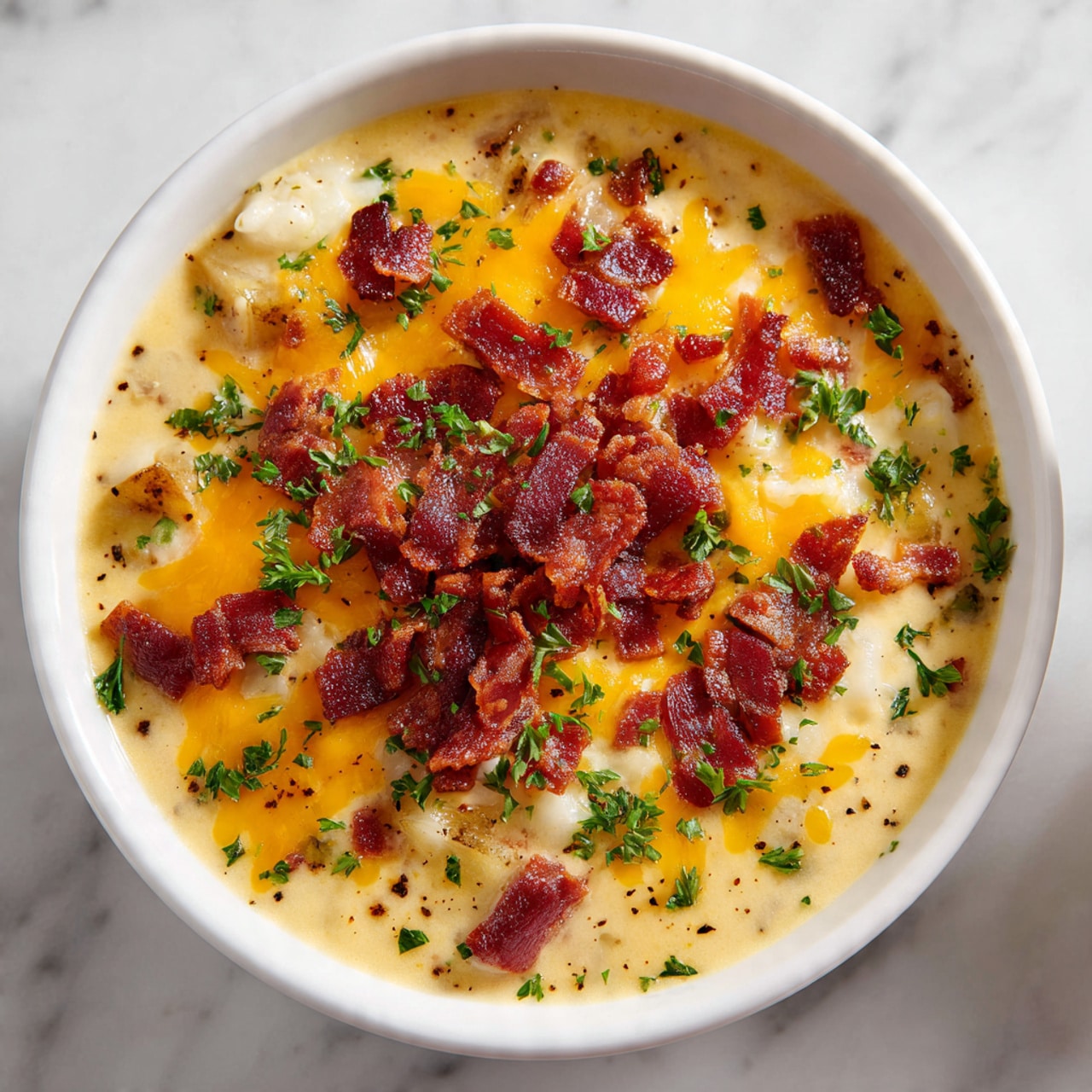 A white bowl filled with a creamy soup base showing a light yellow color with specks of black pepper and herbs throughout, containing visible chunks of potato. On top, there is a layer of bright orange melted cheese, followed by a generous pile of crispy dark red bacon pieces. The dish is sprinkled with fresh green parsley, adding a pop of color. The bowl sits on a white marbled surface with soft natural light highlighting the dish's textures. photo taken with an iphone --ar 4:5 --v 7