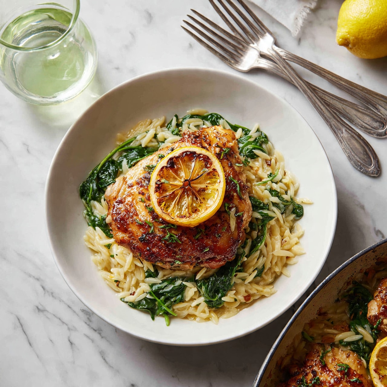 A white plate holds a dish with three main layers. The bottom layer is creamy orzo pasta mixed with vibrant green spinach leaves, creating a soft, textured base. On top of the pasta sits a golden-brown cooked chicken breast, slightly crispy with visible seasoning and herbs scattered on it. Resting on the chicken is a round, caramelized lemon slice with a rich toasted color. The plate is set on a white marbled surface, with two silver forks and a silver knife placed above the plate near a glass of light green liquid and a bottle. Part of a gray pan is visible below, holding more of the same dish with chicken breasts and lemon slices. Photo taken with an iphone --ar 4:5 --v 7