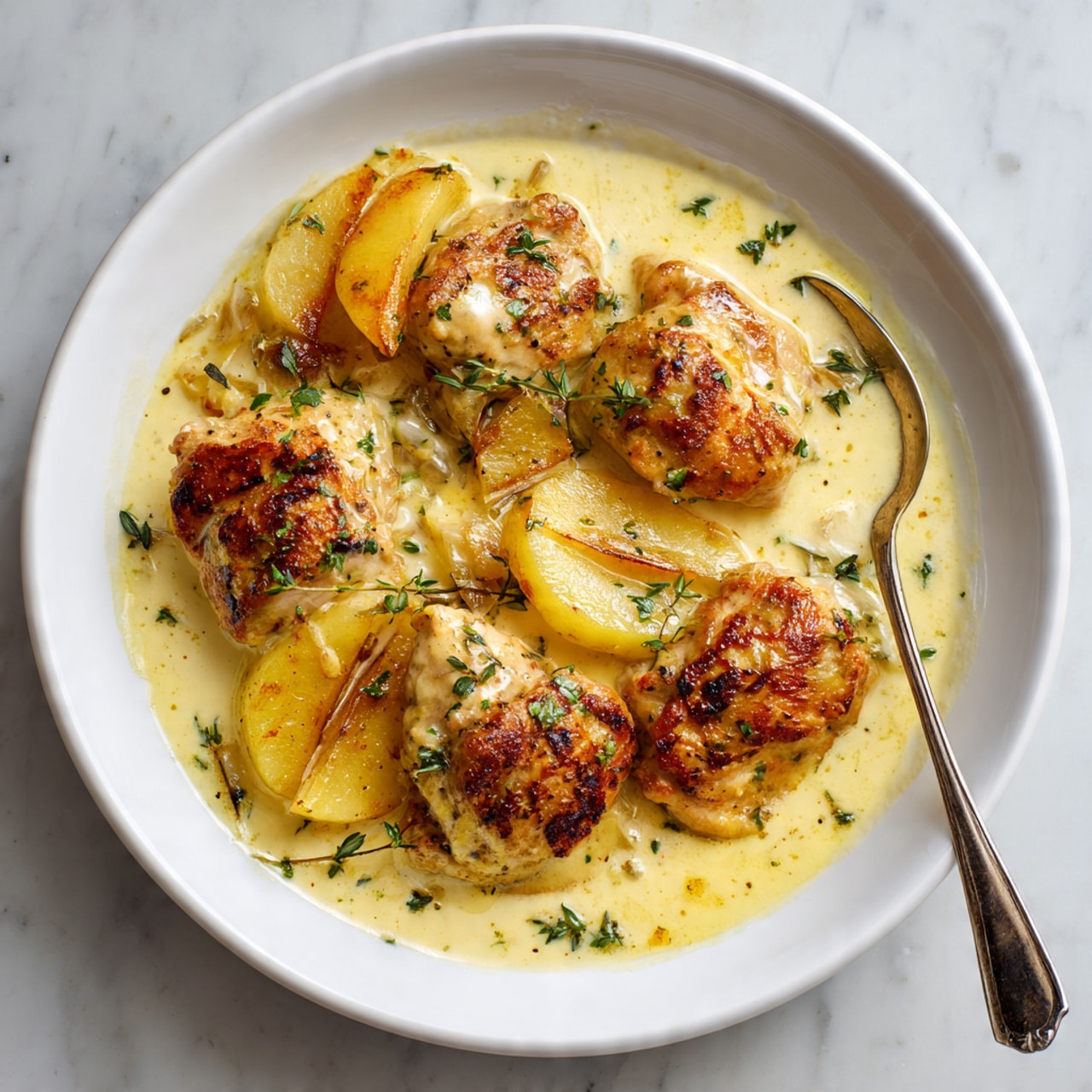 The image shows a close-up of a dish with several golden brown chicken pieces cooked in a creamy light yellow sauce. The chicken pieces are arranged in the sauce on a white plate, with some caramelized apple slices placed between the chicken. The sauce has a smooth texture and slight bubbles, and some fresh green herbs, likely thyme, are scattered on top. A silver spoon is partly visible on the side, resting in the dish. The plate is set on a white marbled surface. photo taken with an iphone --ar 4:5 --v 7