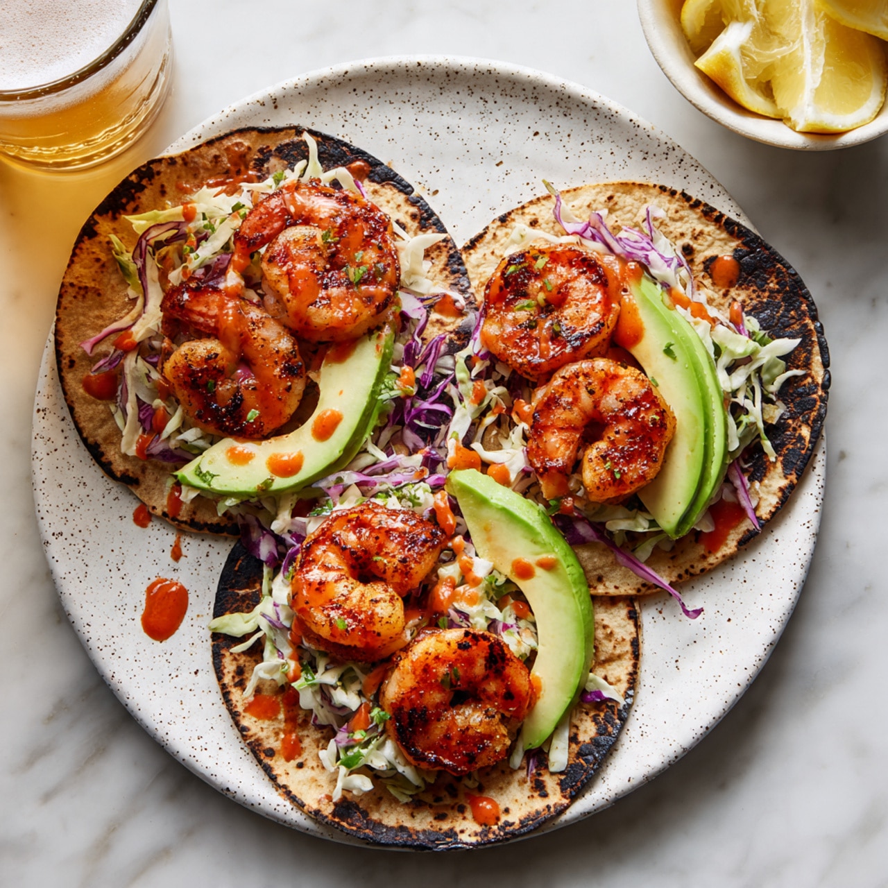 Three grilled shrimp tacos are arranged on a white speckled plate placed on a white marbled surface. Each taco has two slightly charred corn tortillas as the base, topped with a layer of shredded purple and white cabbage slaw. On top of the slaw sit three large, reddish-orange grilled shrimp with visible grill marks, creating a bold color contrast. Each taco is garnished with two slices of light green avocado, drizzled with a reddish-orange sauce. To the left, a glass of frothy beer and a small white bowl with lemon wedges are visible. Photo taken with an iphone --ar 4:5 --v 7