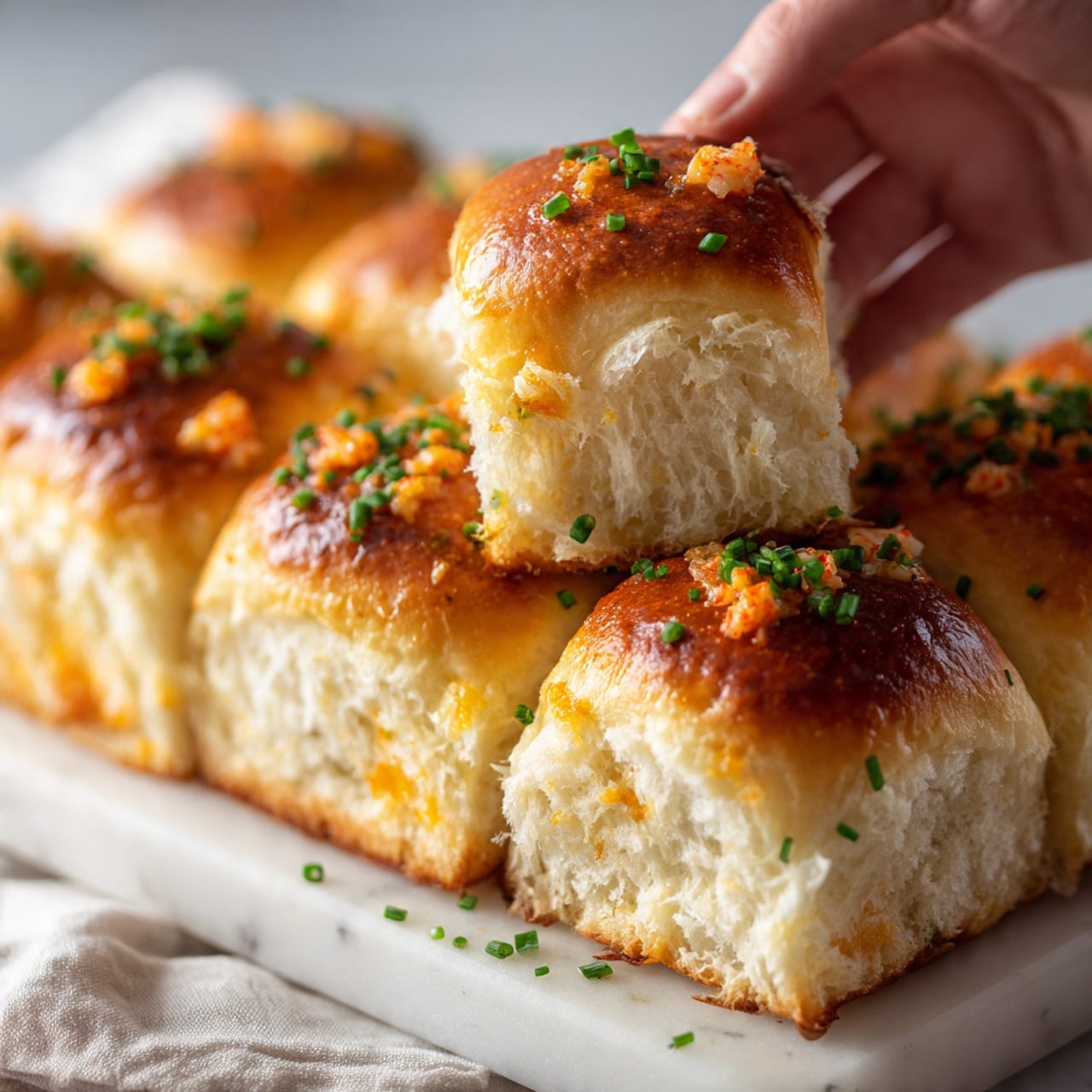 The image shows a close-up of nine golden-brown dinner rolls placed on a white marbled surface, arranged in a 3x3 grid shape. Each roll has soft, fluffy layers with a shiny top, and is topped with small pieces of bright orange lobster meat and a sprinkle of finely chopped green chives. A woman's hand is gently taking one piece from the bottom left corner, highlighting the soft, tender texture of the bread. The colors are warm and inviting, with the golden bread contrasting nicely against the white marbled background. photo taken with an iphone --ar 4:5 --v 7