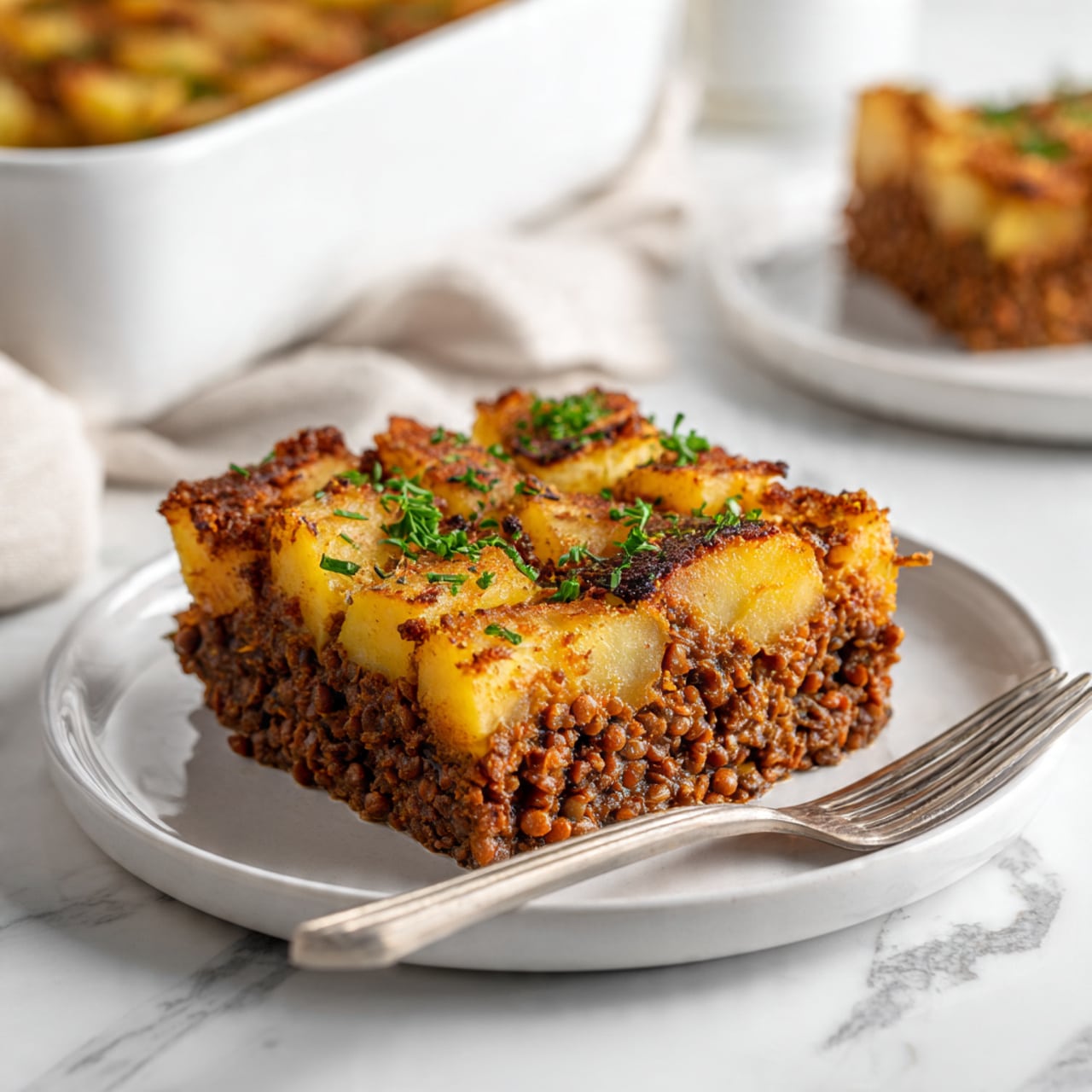 A square slice of casserole with two visible layers sits on a white plate placed on a white marbled surface. The bottom layer is made of a brown, crumbly mixture that looks like cooked lentils or minced ingredients, while the top layer is a thick, golden-brown crust with small, uneven potato-like chunks baked until slightly crispy and sprinkled with green herbs. The casserole has a tender texture with some browned edges. A silver fork lies on the right side of the plate. In the background, a white baking dish with more casserole is partly visible. Photo taken with an iphone --ar 4:5 --v 7