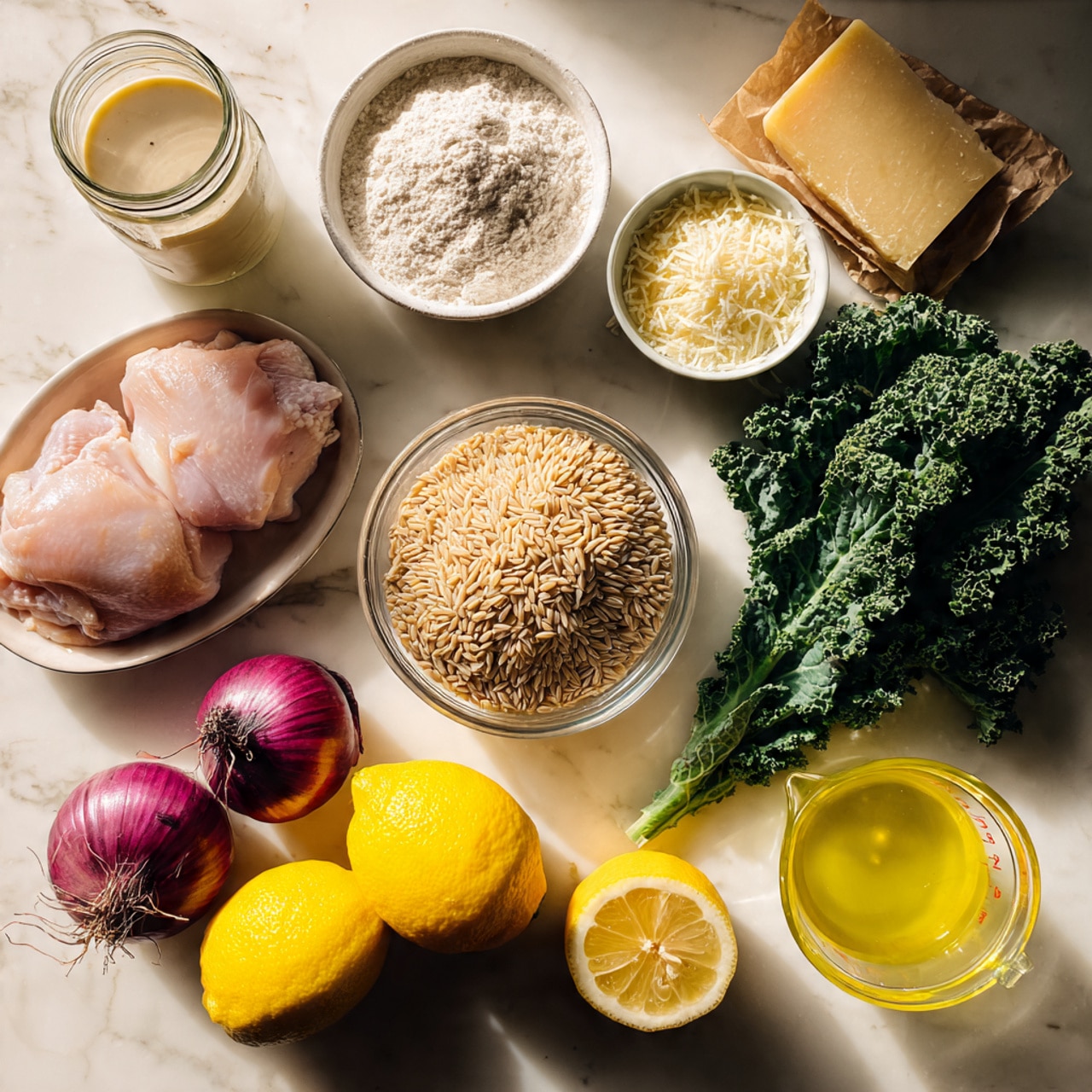 The image shows a top view of several cooking ingredients arranged on a white marbled surface. In the center, there is a clear glass bowl filled with light brown orzo pasta grains. Around it, there are bright green curly kale leaves on the right, two halved yellow lemons on the left, and three shallots with purple and white layers below the lemons. Near the top left, there is a large jar with a beige creamy liquid, a small bowl with white flour, and a small bowl of finely grated cheese. A block of yellow cheese wrapped in brown paper is placed in the top right corner. At the bottom left, a clear plastic container holds raw pale pink chicken breasts. Part of a glass measuring cup with a yellow liquid is visible on the bottom right side. The colors are natural and fresh, and the lighting is soft and warm, with a clear focus on the textures of each ingredient photo taken with an iphone --ar 4:5 --v 7