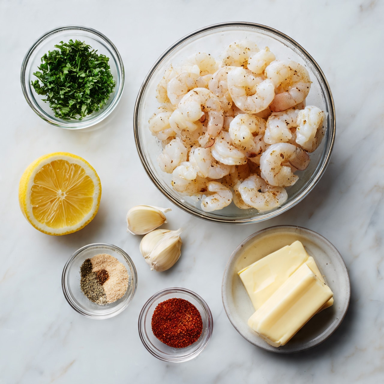 A clear glass bowl filled with raw peeled shrimp sits on a white marbled surface. Above it, a half lemon with a bright yellow interior is placed. To the left in smaller clear glass bowls, there is one with fresh chopped green herbs, another with mixed spices including light brown and beige powders, and a third holding a pale yellow stick of butter. Below the butter, there is a small bowl of reddish paprika powder. Three garlic cloves with smooth light tan skin are scattered near the spice bowls. The items are neatly arranged in a grid-like layout on the white marbled texture. photo taken with an iphone --ar 4:5 --v 7