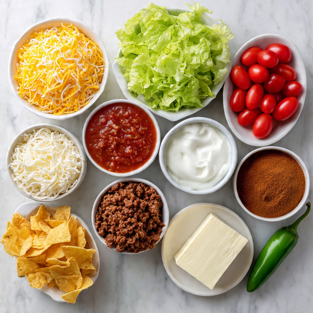 The image shows 11 white bowls arranged on a white marbled surface. On the top row, from left to right, there is a bowl filled with shredded yellow cheese, a bowl with bright green lettuce leaves, and a bowl of shiny red cherry tomatoes. The middle row has a bowl with a red tomato sauce with visible tomato chunks, a bowl filled with smooth white sour cream, and a bowl with taco seasoning powder in warm brown color. The bottom row includes a bowl of brown chunky cooked meat, a white plate with a white block of cheese, a bowl of crushed yellow corn chips, a bowl with pink ground meat, and a green jalapeno pepper resting on the surface next to the bowls. The colors are bright and distinct, layers and textures range from soft and creamy to crunchy and fresh. photo taken with an iphone --ar 4:5 --v 7
