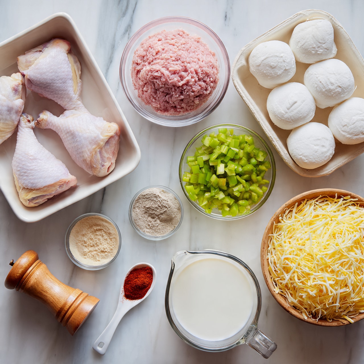 The image shows a white marbled surface with several cooking ingredients placed neatly on it. In the top left corner, there are two raw chicken thighs with skin on in a white tray. Nearby, there is a small glass bowl filled with pink ground meat. To the right, there is a pack of six white soft cheese rounds in a white container. Below these, there is a small glass bowl of diced green bell peppers and a wooden pepper grinder filled with black pepper. In front of these items, there is a small bowl of light brown powder. Next to it is a white spoon with bright red powder on it. There is also a small wooden container with light brown salt and a glass bowl of shredded yellow cheese. A measuring cup filled with white milk is placed at the bottom right. The whole setup looks clean and well-organized. Photo taken with an iphone --ar 4:5 --v 7