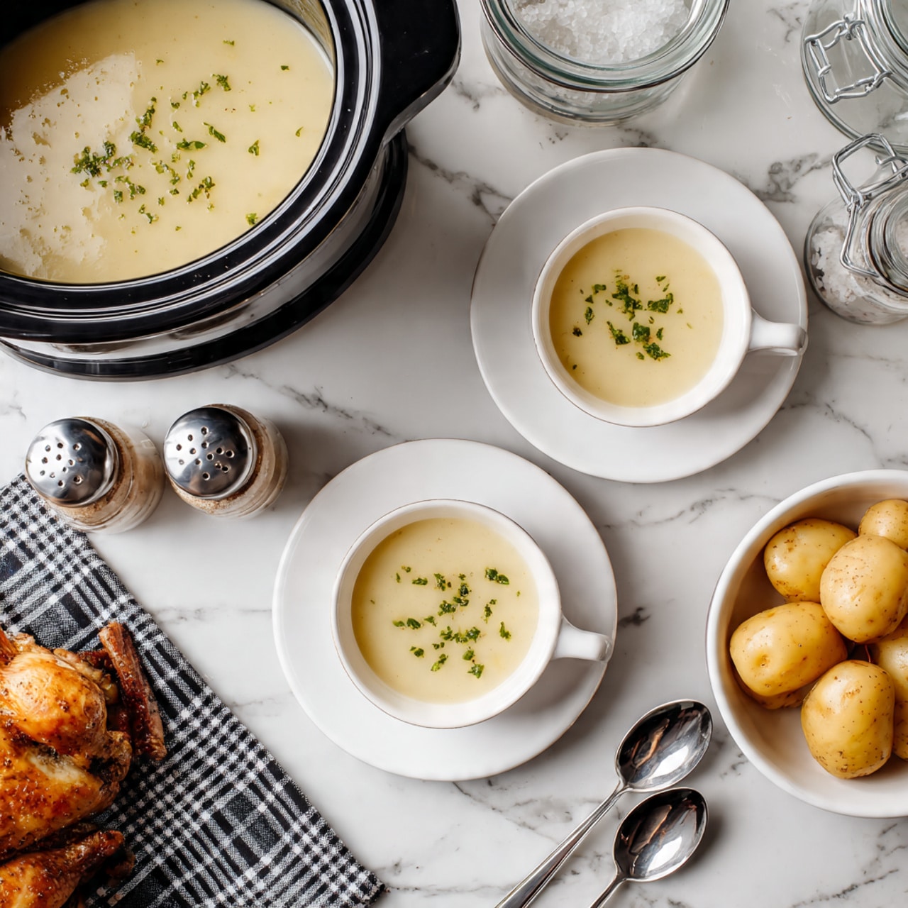 A black slow cooker filled with creamy, pale yellow soup garnished with small green herb pieces sits in the center on a white marbled surface. In front of it, two white bowls each hold a smooth, pale yellow soup, also garnished with green herbs on top, placed on matching white saucers. To the left, salt and pepper shakers stand next to a white bowl with a cooked whole chicken that has a golden brown color. On the right, a white bowl holds several light brown potatoes. Two silver spoons rest on a black and white checkered cloth in the front lower corner. The background shows clear glass jars on the white marbled surface. Photo taken with an iphone --ar 4:5 --v 7