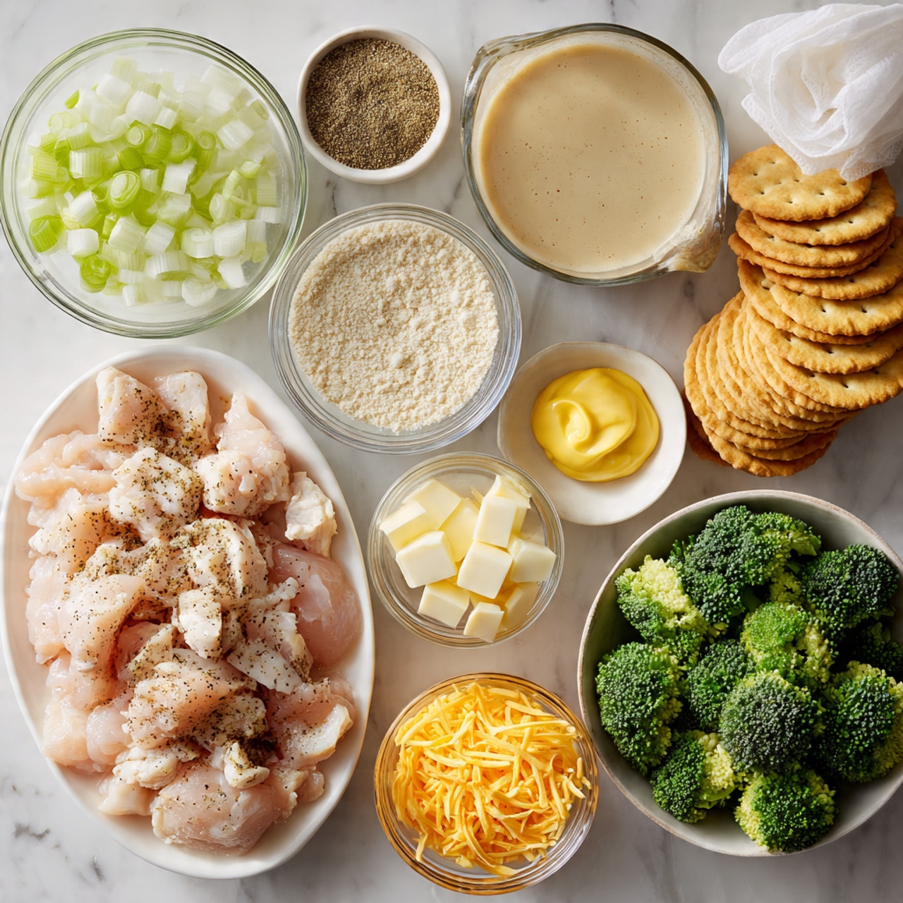 This image shows many ingredients arranged on a white marbled surface. There is a large white oval plate at the bottom left filled with light pink pieces of raw chicken seasoned with black pepper. Around the chicken are small glass bowls holding finely chopped white onions, diced green celery, creamy white flour, and a light brown powder (likely breadcrumbs). There is a medium white bowl with green broccoli florets at the bottom right. Near the top, two measuring cups hold light brown broth and creamy white liquid. To the right of the measuring cups, a stack of round golden crackers is arranged in a loose pile. A chunk of yellow butter partially wrapped in white paper sits near a small glass bowl of smooth yellow mustard and a few garlic cloves. A small bowl with shredded pale orange cheddar cheese is placed near the center. Overall, the ingredients are neatly arranged to show their textures and colors clearly photo taken with an iphone --ar 4:5 --v 7