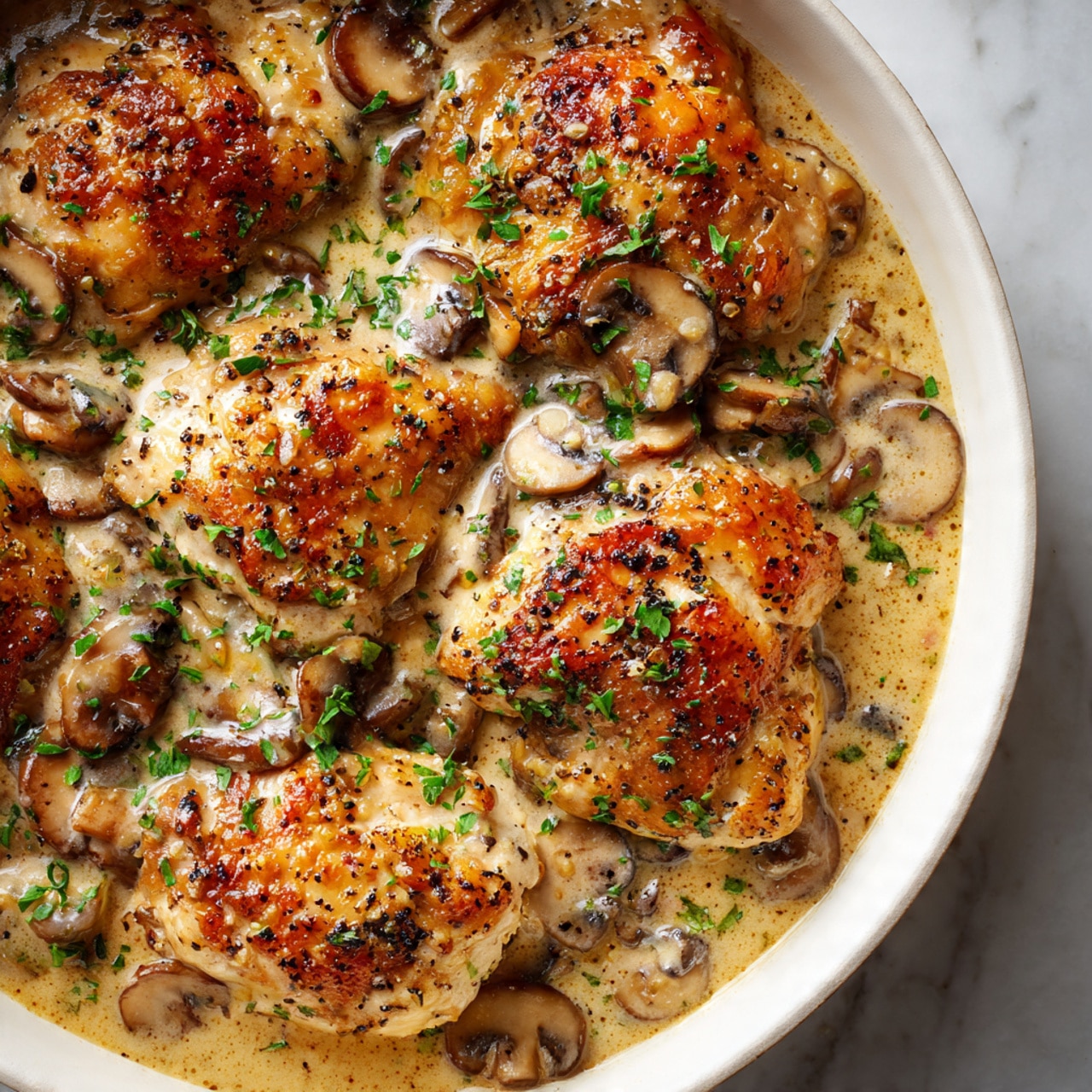 The dish shows several layers of cooked chicken pieces that are golden brown with some black pepper spots. The chicken is covered in a thick, light brown mushroom sauce, which has visible slices and whole mushrooms mixed in. Small green herbs are sprinkled all over the dish, adding bright pops of color on top of the sauce and chicken. The chicken pieces overlap and fill the frame, with the sauce pooling mostly around them. The surface underneath is a white marbled texture. photo taken with an iphone --ar 4:5 --v 7
