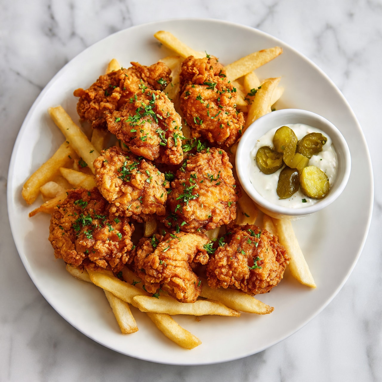 A white plate shows a serving of golden brown fried chicken nuggets with a crunchy texture, each piece unevenly shaped and sprinkled with small green herbs. The nuggets are placed on a bed of light golden French fries, with some fries sticking out between the chicken pieces. On the top right of the plate, there is a small white round bowl filled with a creamy white sauce topped with small green pickles. The plate sits on a white marbled surface. Photo taken with an iphone --ar 4:5 --v 7